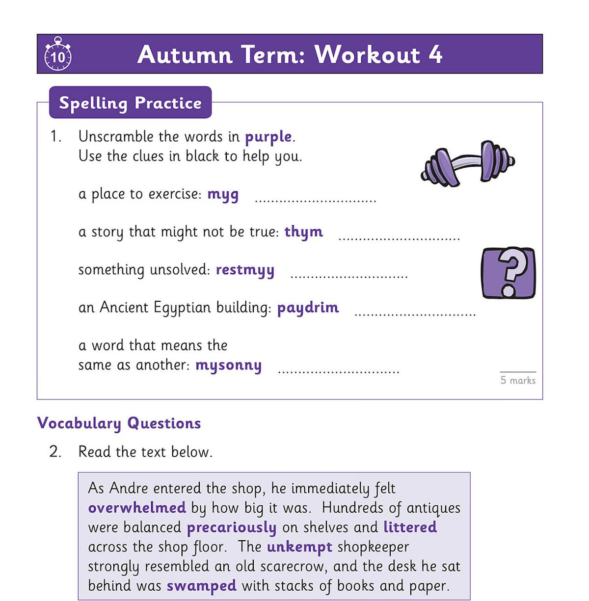 Sample autumn term workout page showing spelling practice with word scrambles and vocabulary questions