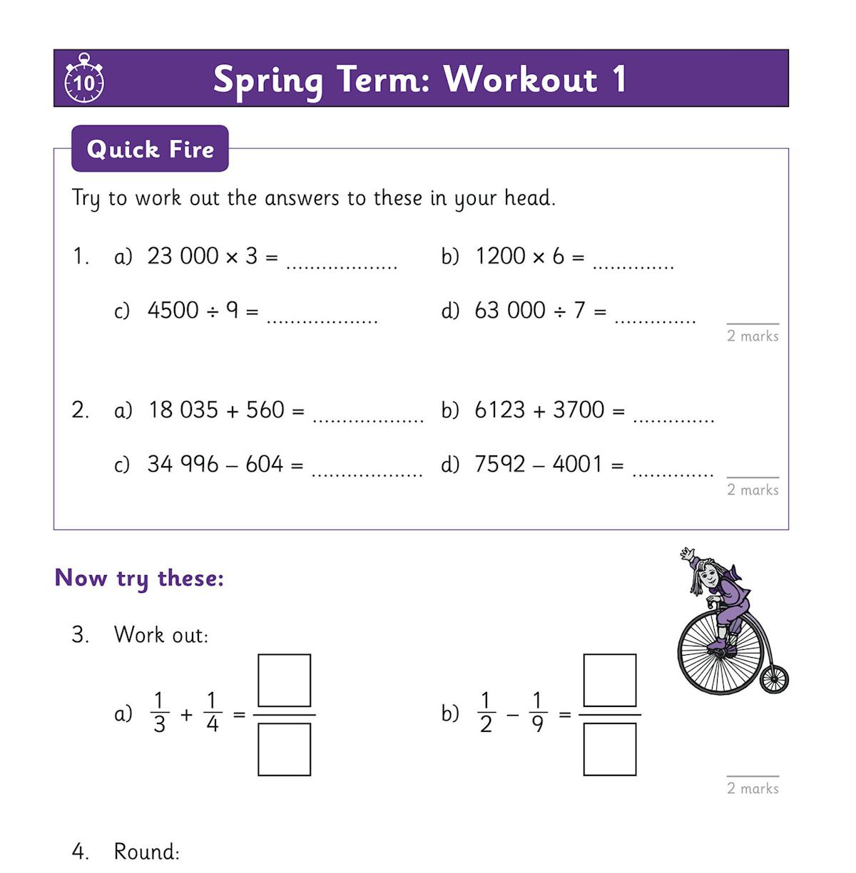 Sample workout page showing quick-fire and extended arithmetic questions