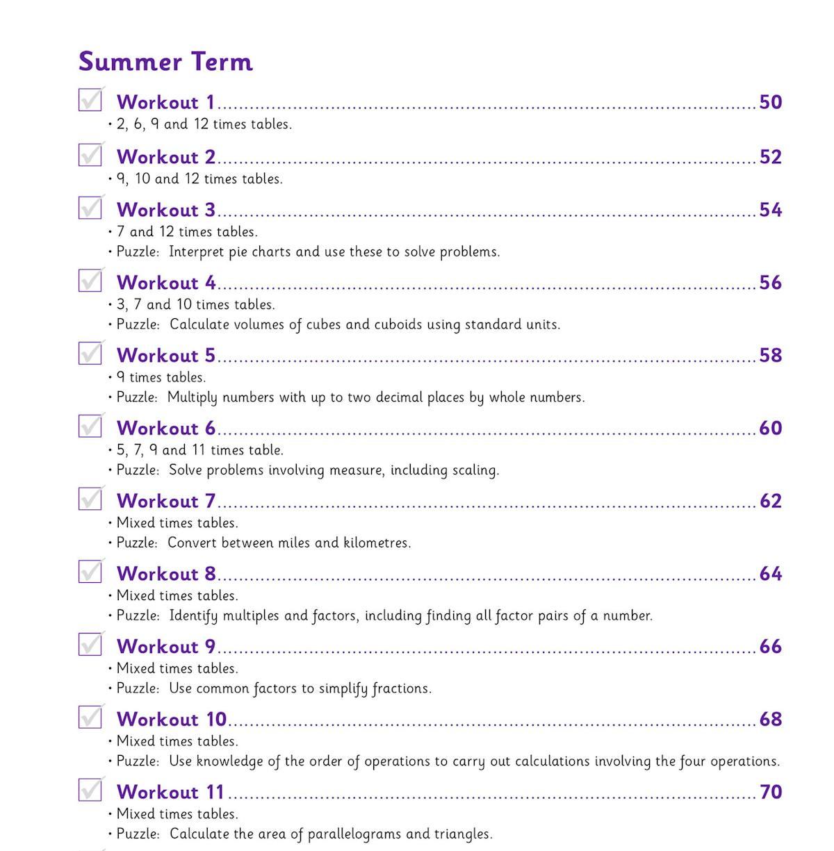 Contents page showing weekly workouts for Summer Term