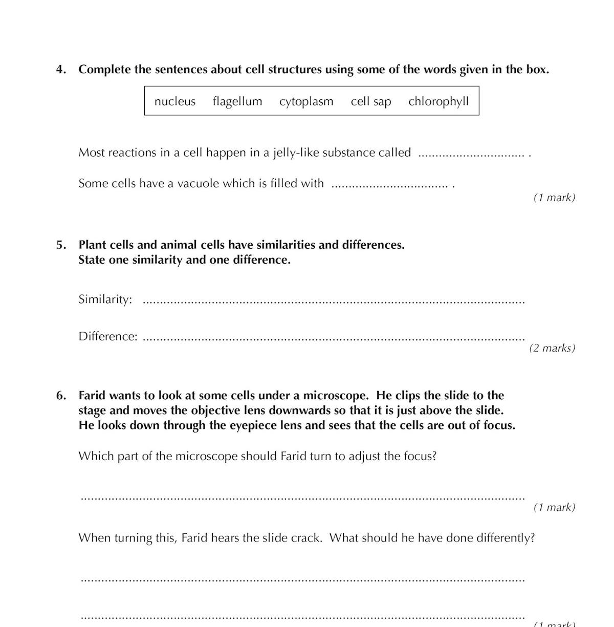 Sample test page showing cell structure questions with diagrams