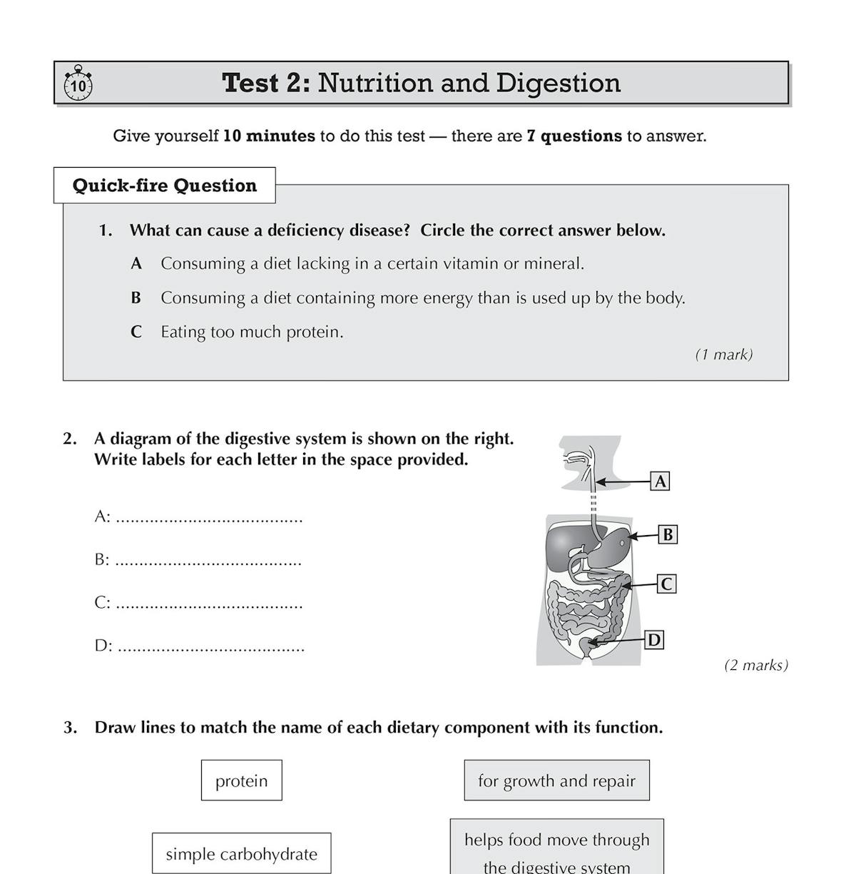 Sample Biology test page on nutrition and digestion showing labelling and matching exercises