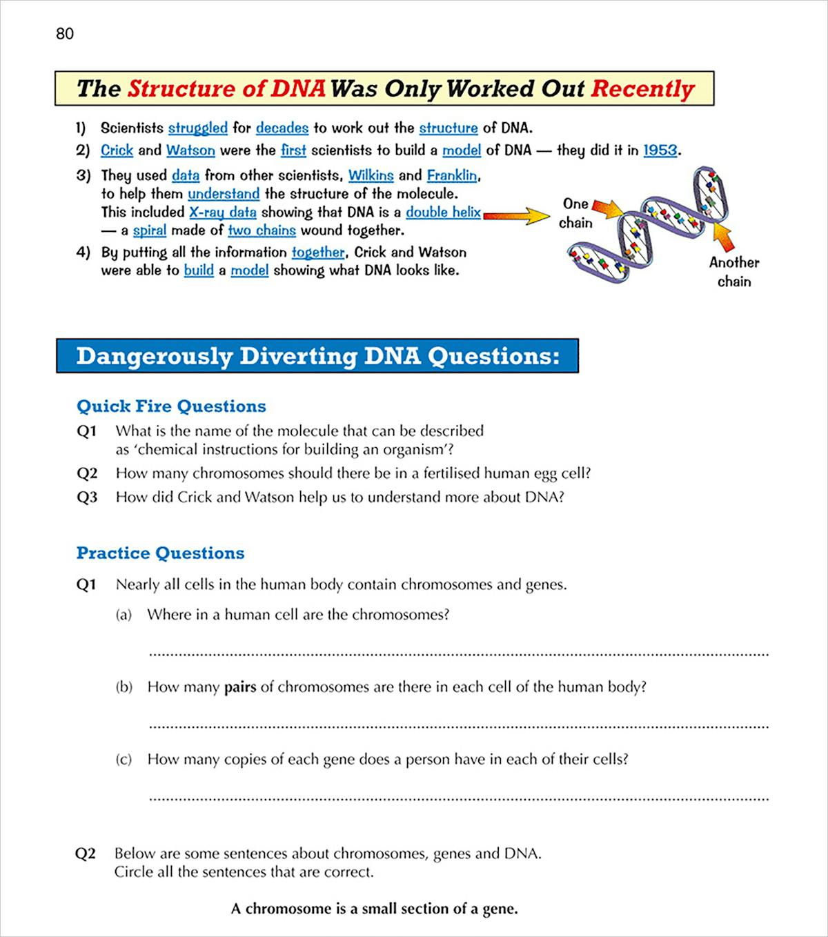 Sample page showing DNA and inheritance topics with diagrams of chromosomes, genes and heredity explanations