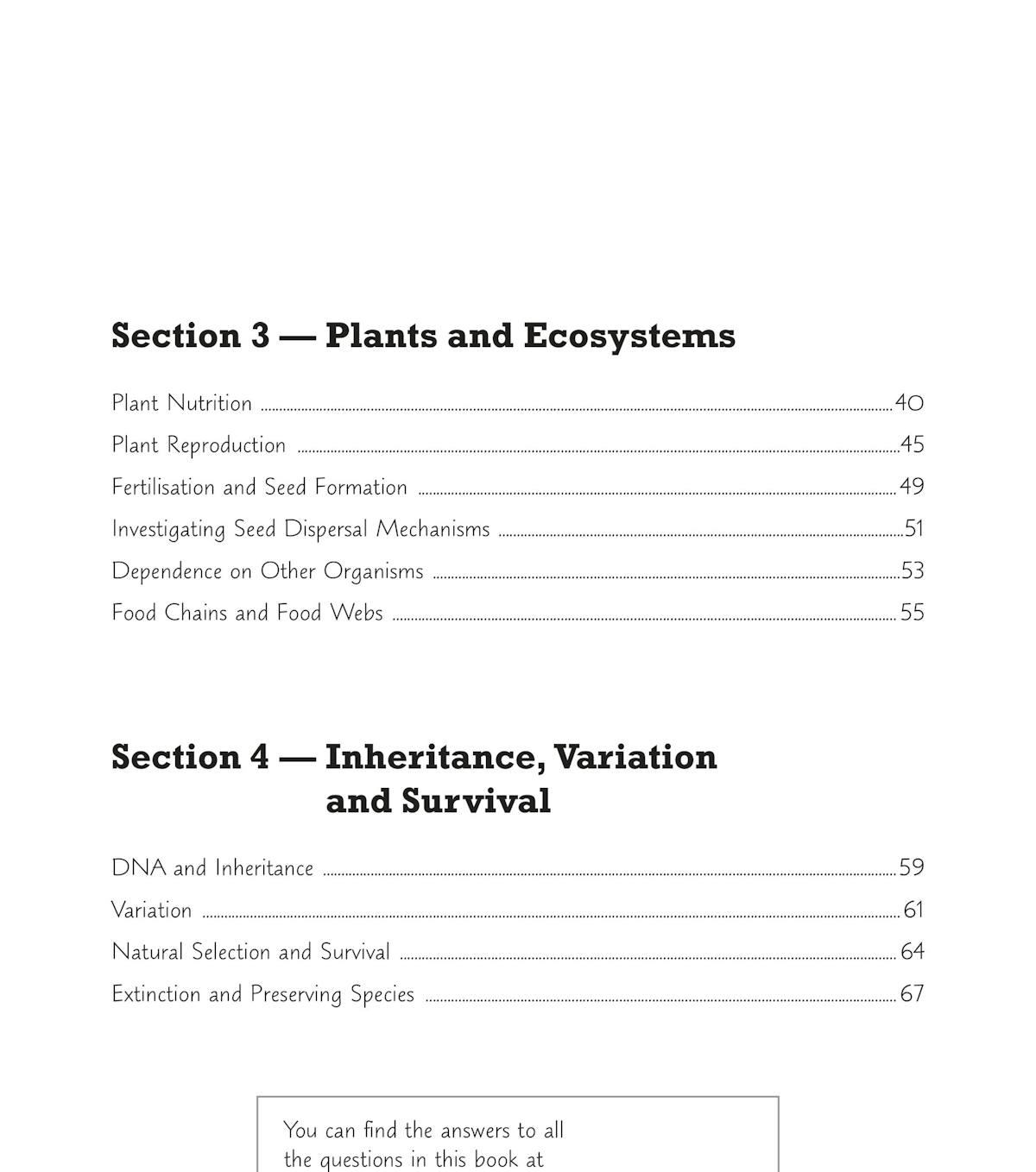 Contents page showing the four main sections of the KS3 Biology Workbook