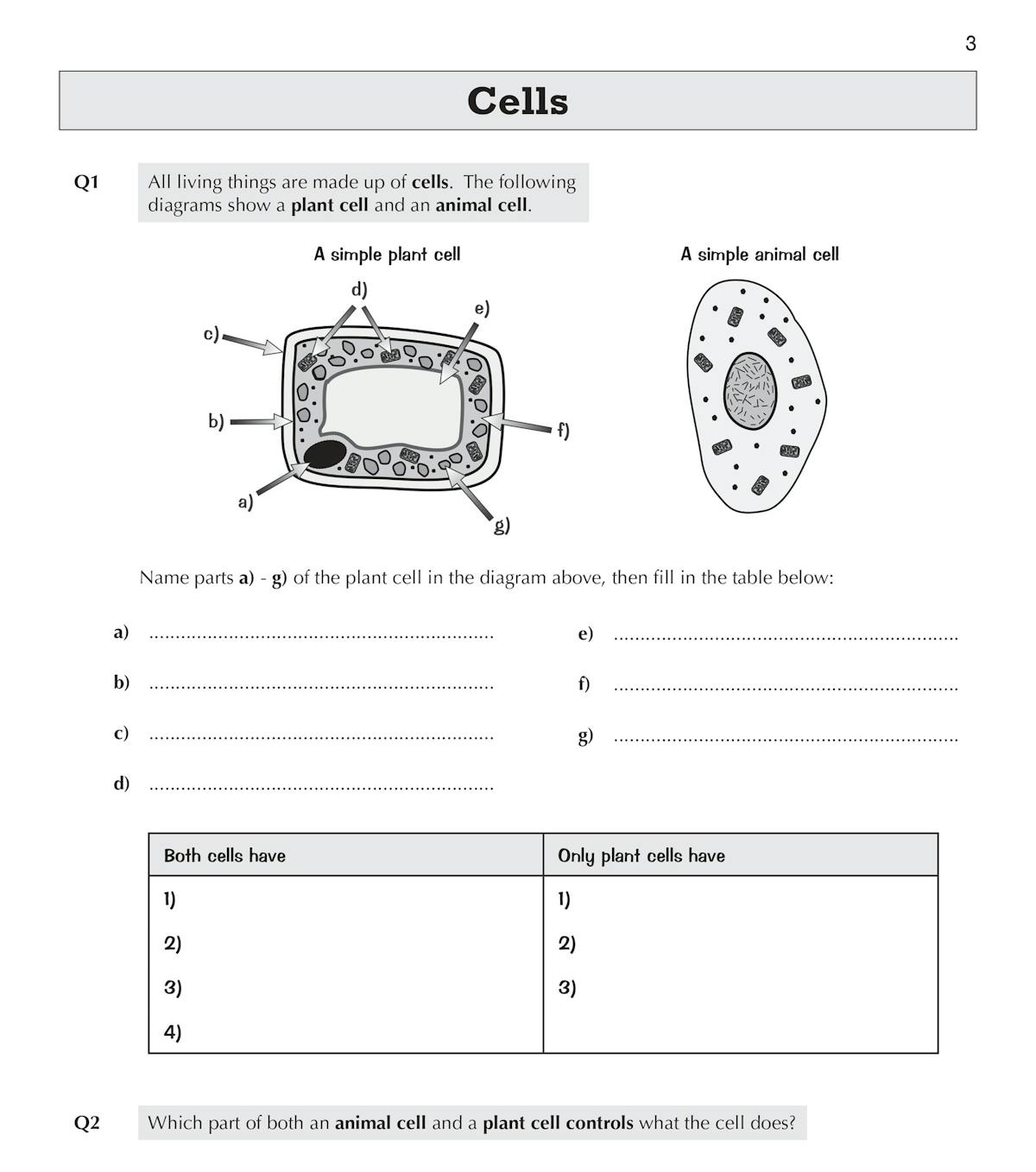 Page showing KS3 Biology workbook cells topic with labelled plant and animal cell diagrams and practice questions
