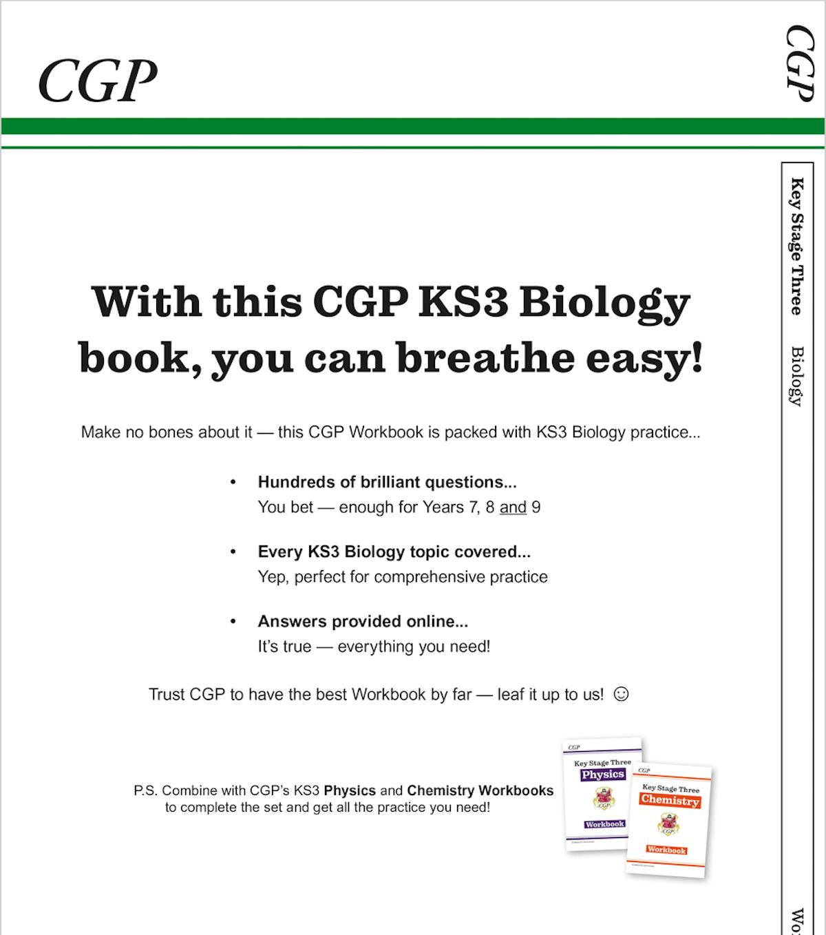 Back cover of CGP KS3 Biology workbook showing hundreds of questions for Years 7 8 and 9 with QR code for online answers