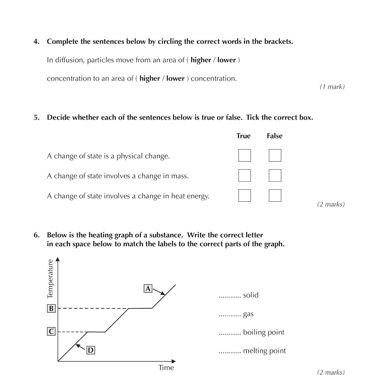 Inside page showing a 10-minute Chemistry test on classifying materials with diagrams and question layout