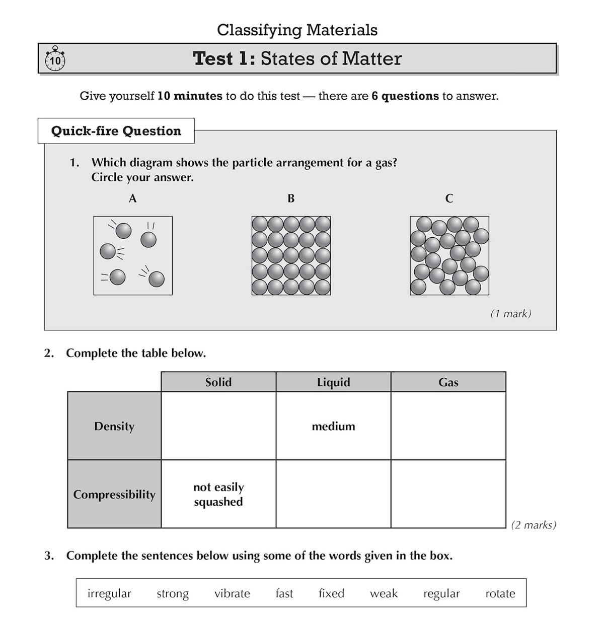 Another test page on States of Matter with matching and sentence completion tasks
