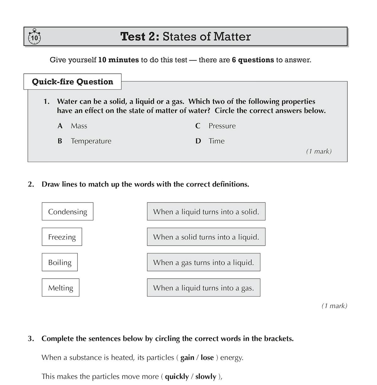 Sample test page showing States of Matter questions