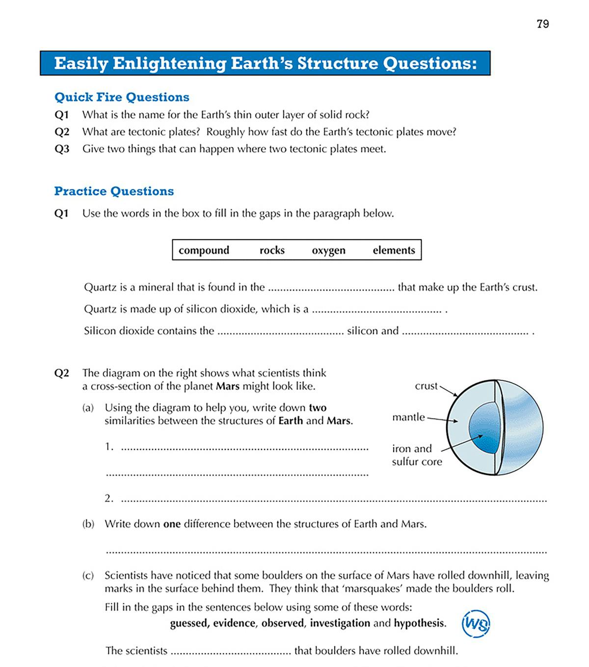 Inside pages showing Earth's structure diagrams and practice questions