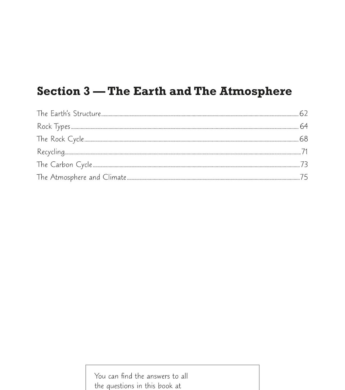 Table of contents showing Section 3: The Earth and The Atmosphere with topics including The Earth's Structure, Rock Types, The Rock Cycle, Recycling, The Carbon Cycle, and The Atmosphere and Climate