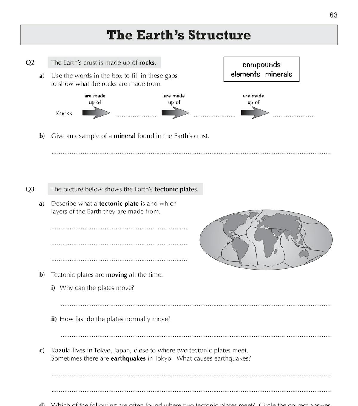 Sample workbook page showing The Earth's Structure with questions about rocks, minerals, compounds, elements, tectonic plates, earthquakes and volcanoes, including diagrams and fill-in-the-blank exercises