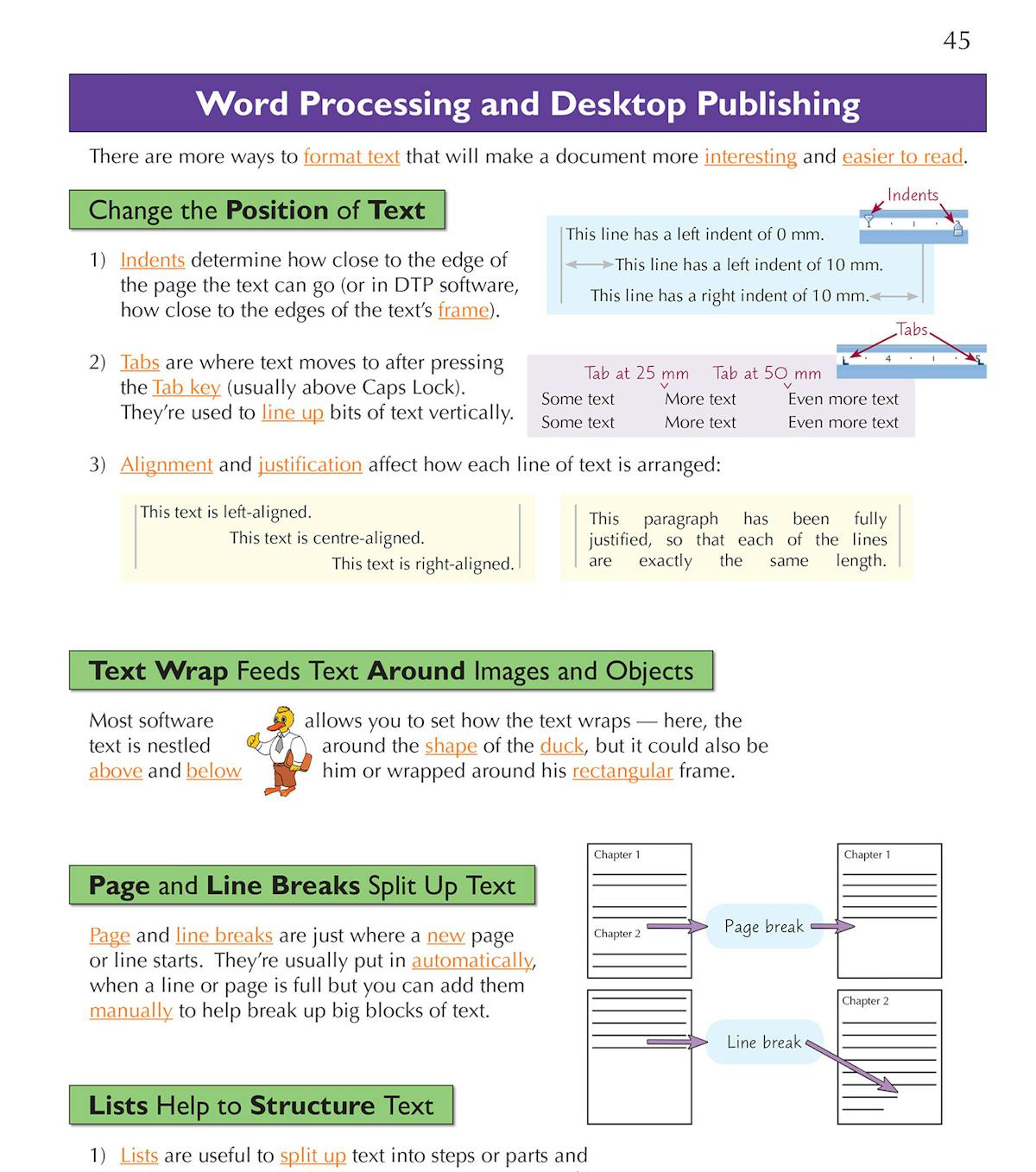 Word processing and desktop publishing page showing text formatting features