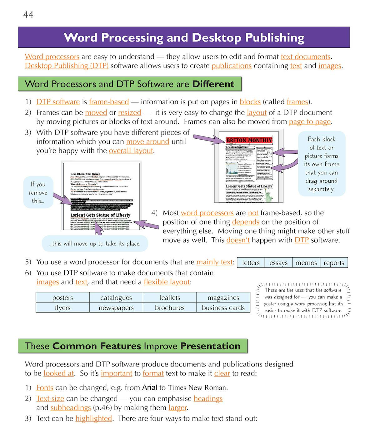 Additional word processing features page covering position of text, lists, and page breaks
