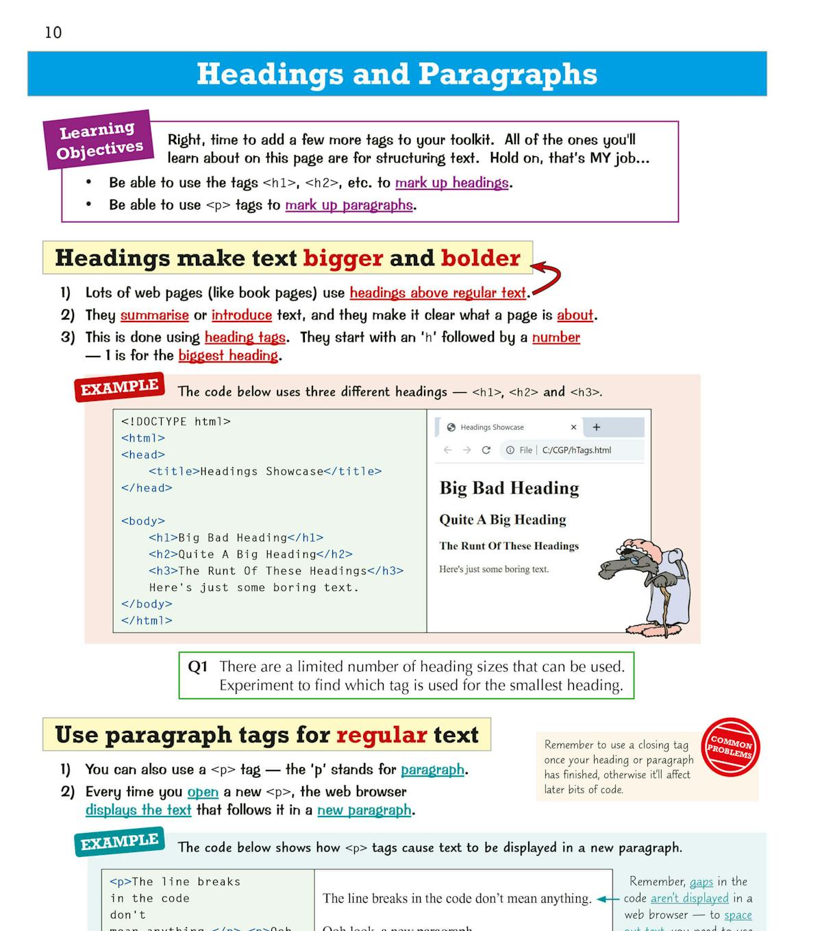 Sample page demonstrating HTML headings and paragraphs with code examples and browser output