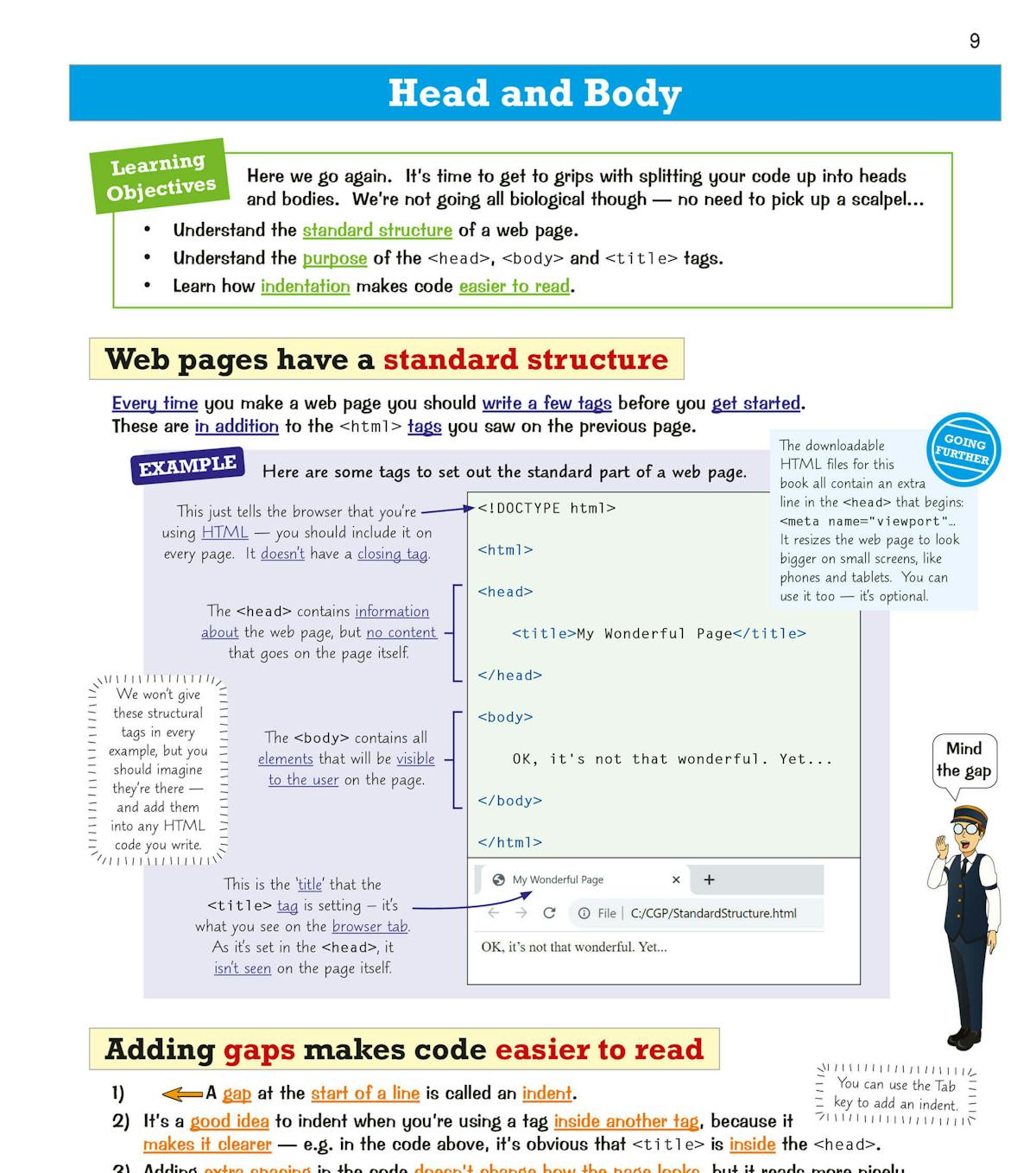 Sample page showing HTML head and body structure with learning objectives and coding examples