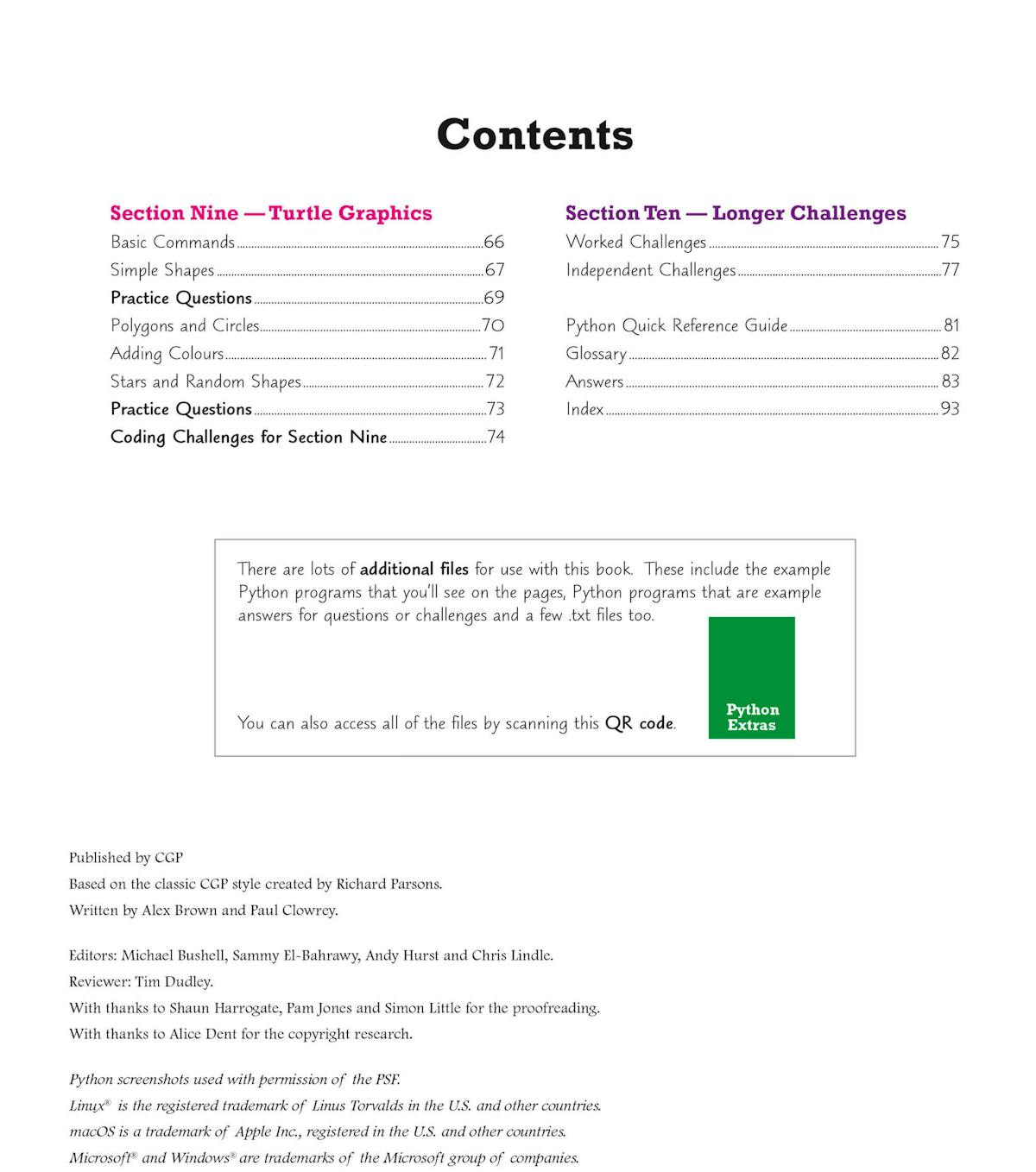 Contents page listing sections including Turtle Graphics, coding challenges, and additional Python files