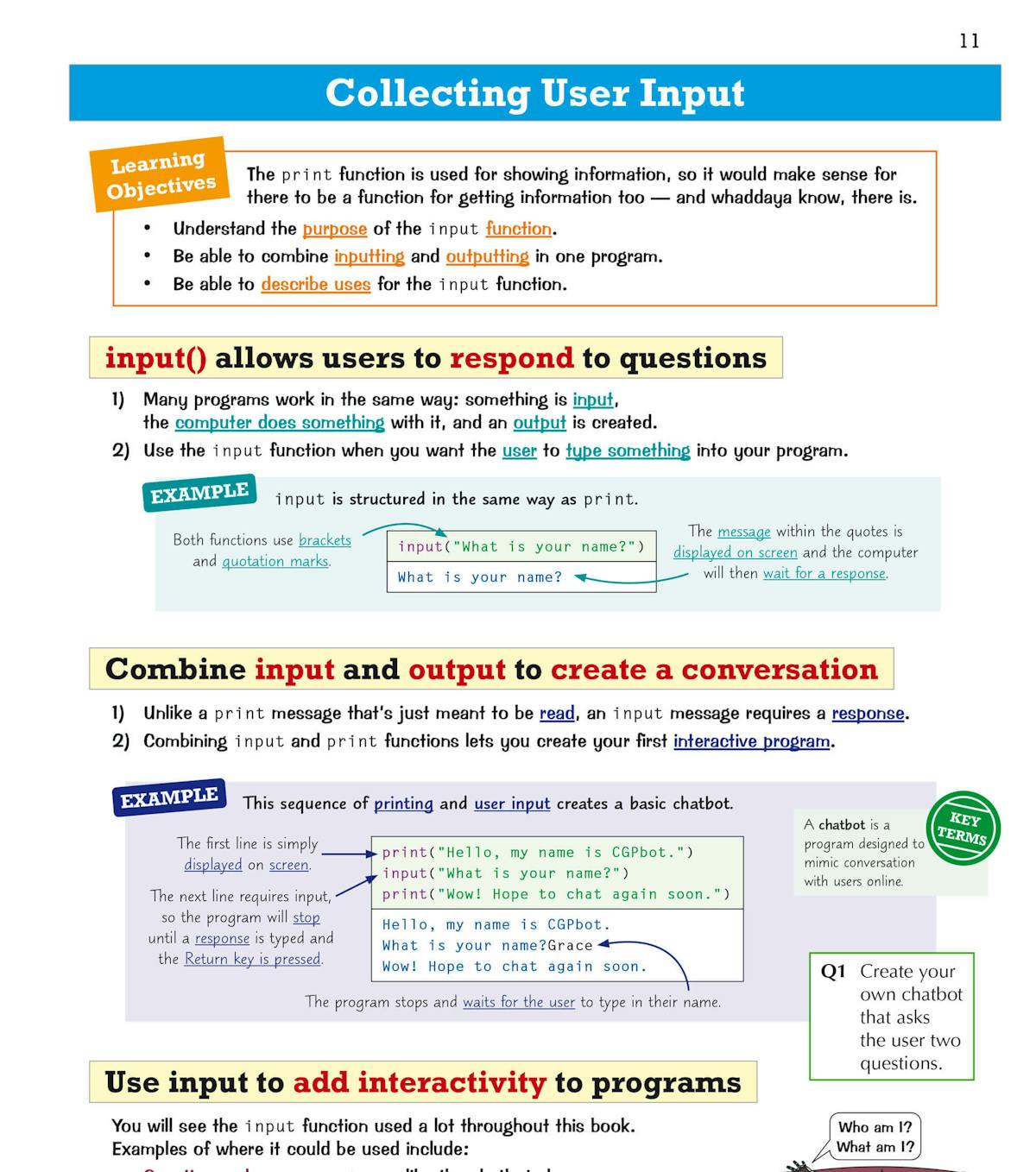 Sample page showing input function examples and interactive program creation