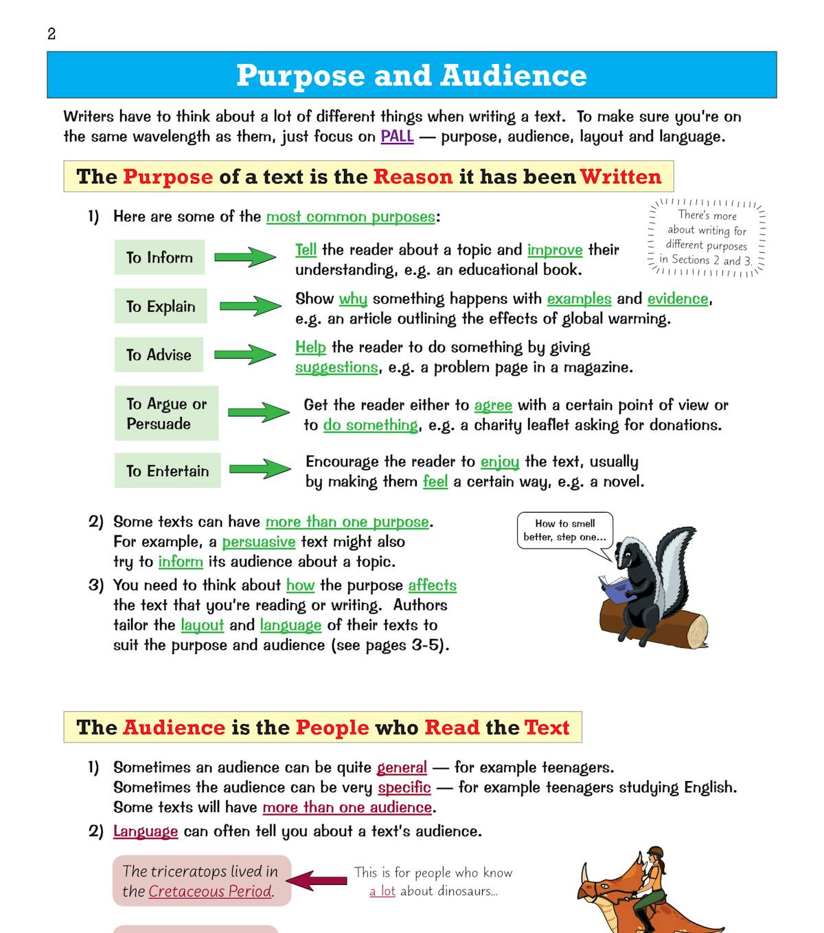Purpose and audience page from KS3 English Study Book showing PALL framework