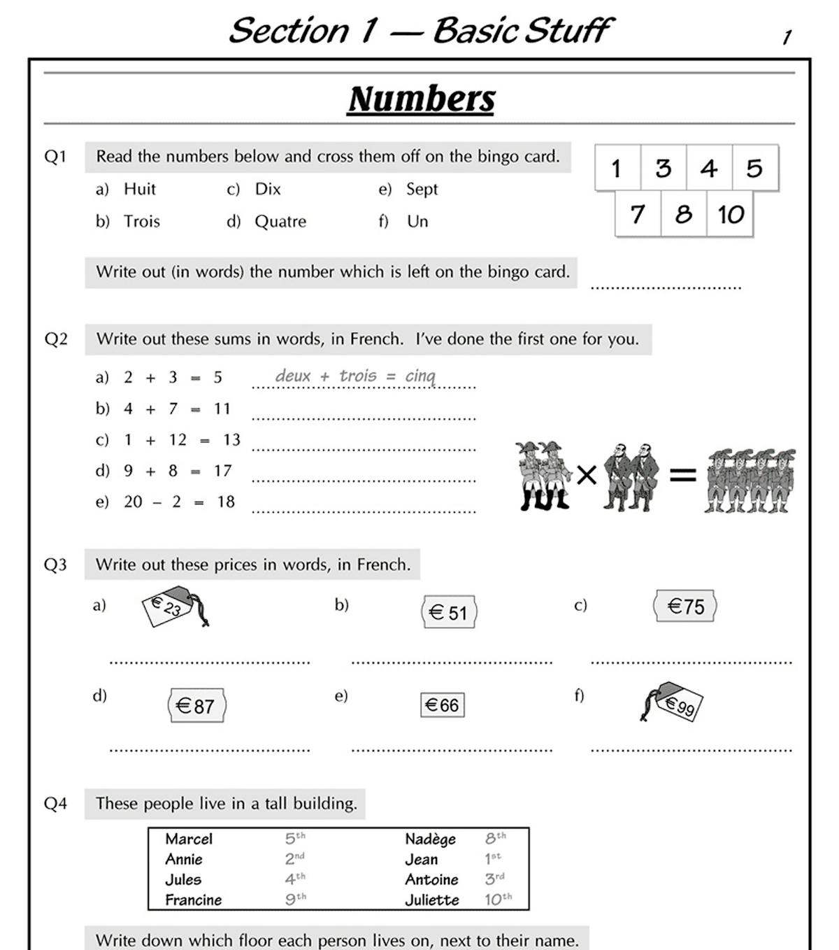 Sample page showing French numbers practice questions with bingo card activity