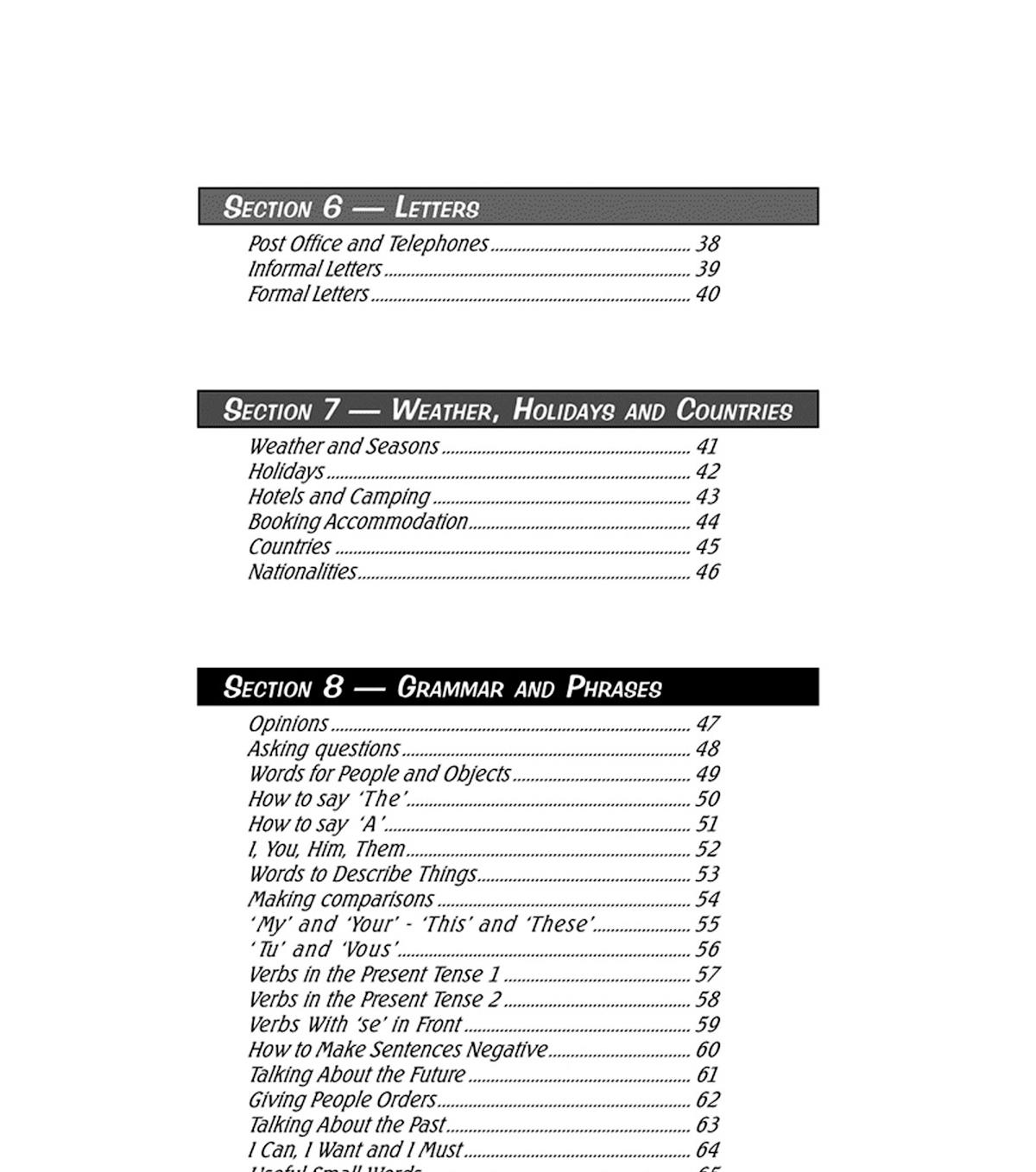 Contents page showing comprehensive topic coverage including letters, weather, holidays, grammar and phrases