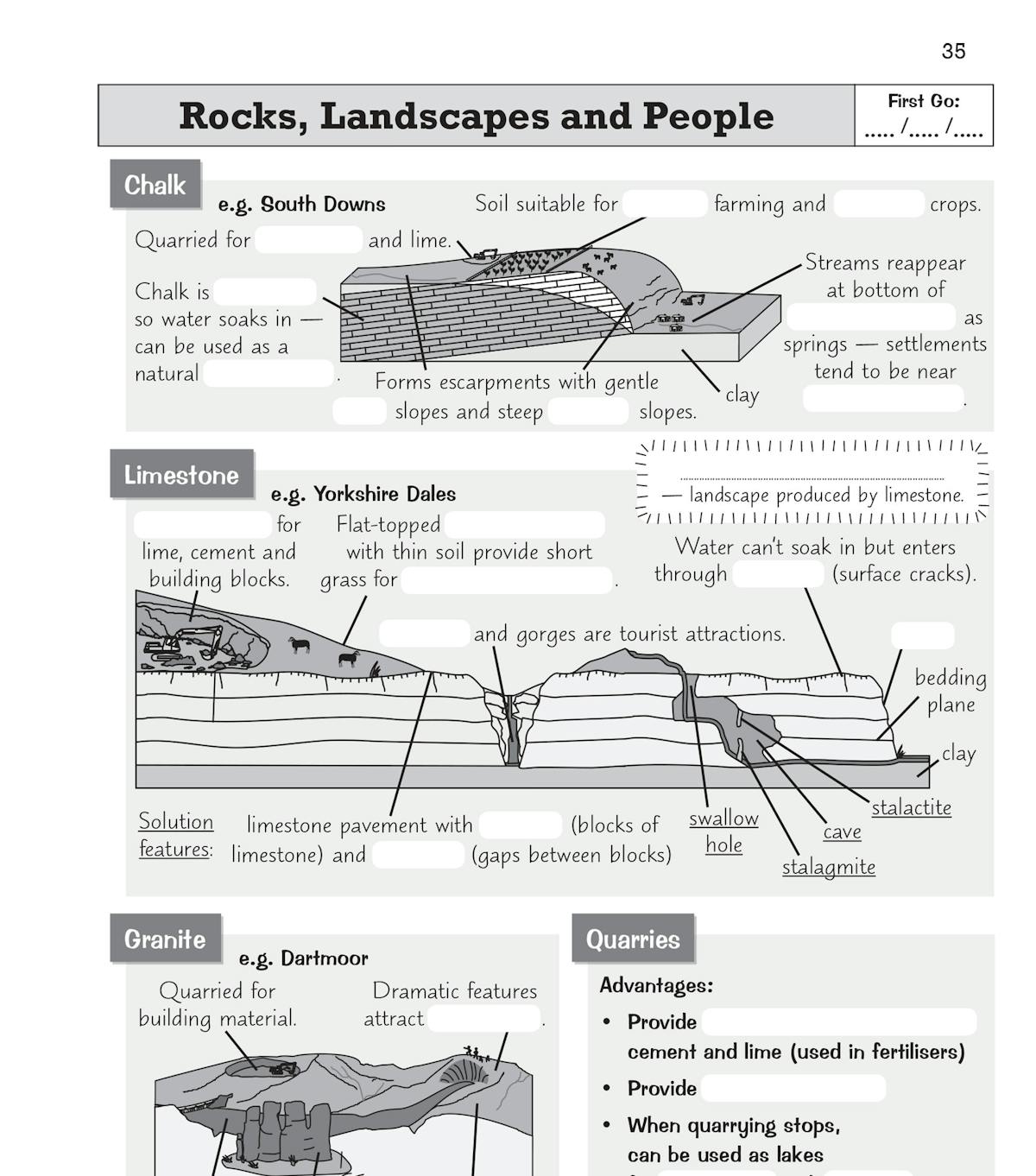 Sample page showing fill-in-the-blank retrieval tasks on rocks, landscapes and people