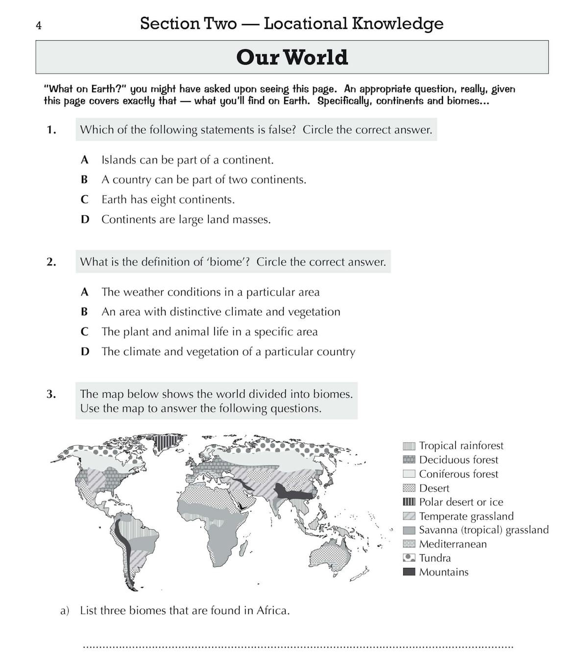 Sample page showing geographical skills questions on reading graphs and charts