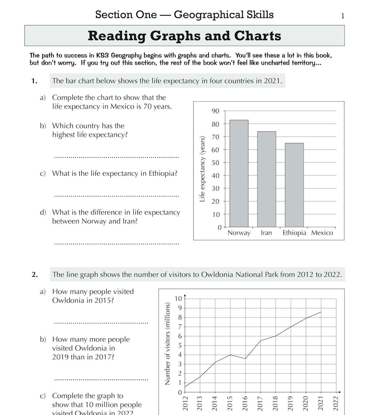 Sample page on locational knowledge showing world biomes map and related questions