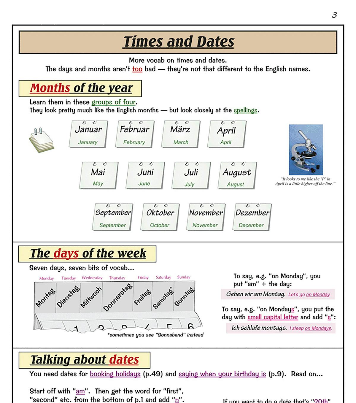 Sample pages showing times and dates vocabulary in German with English translations and practical examples