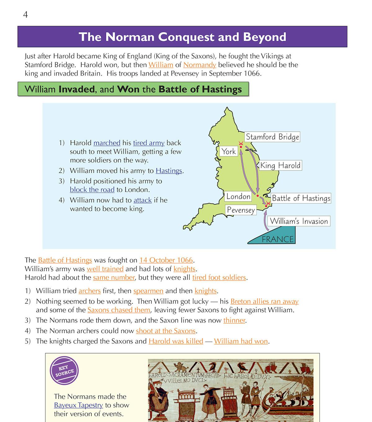 Sample page showing the Norman Conquest and the Battle of Hastings with maps, timeline and key facts