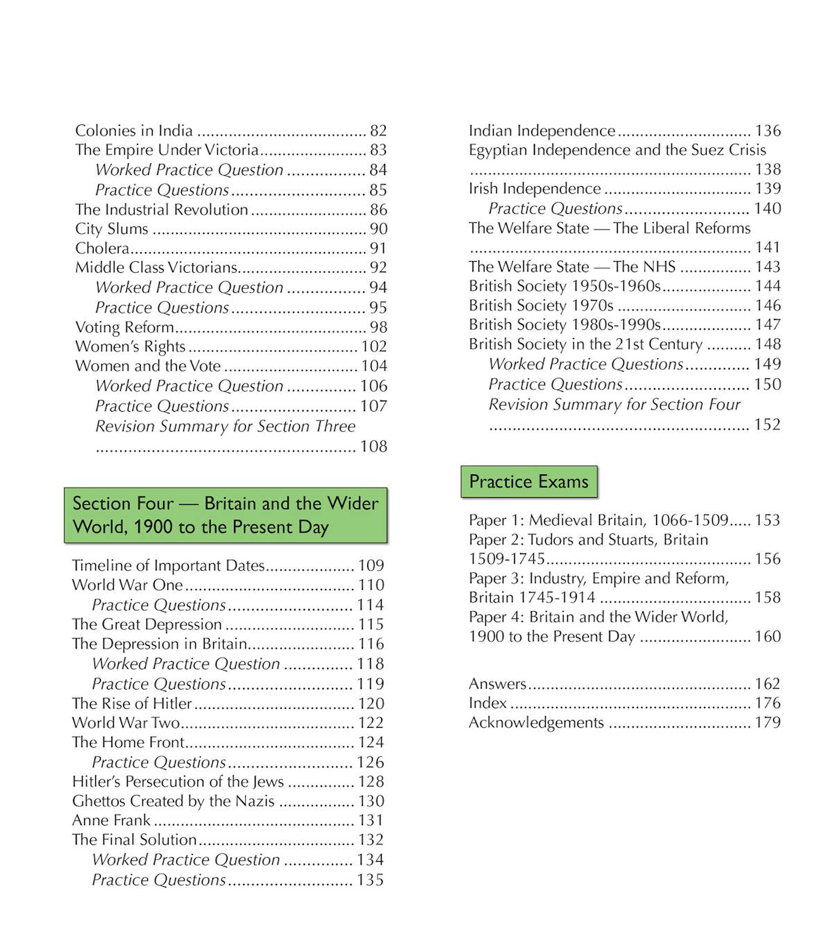 Contents page showing the four main sections and practice exam papers included