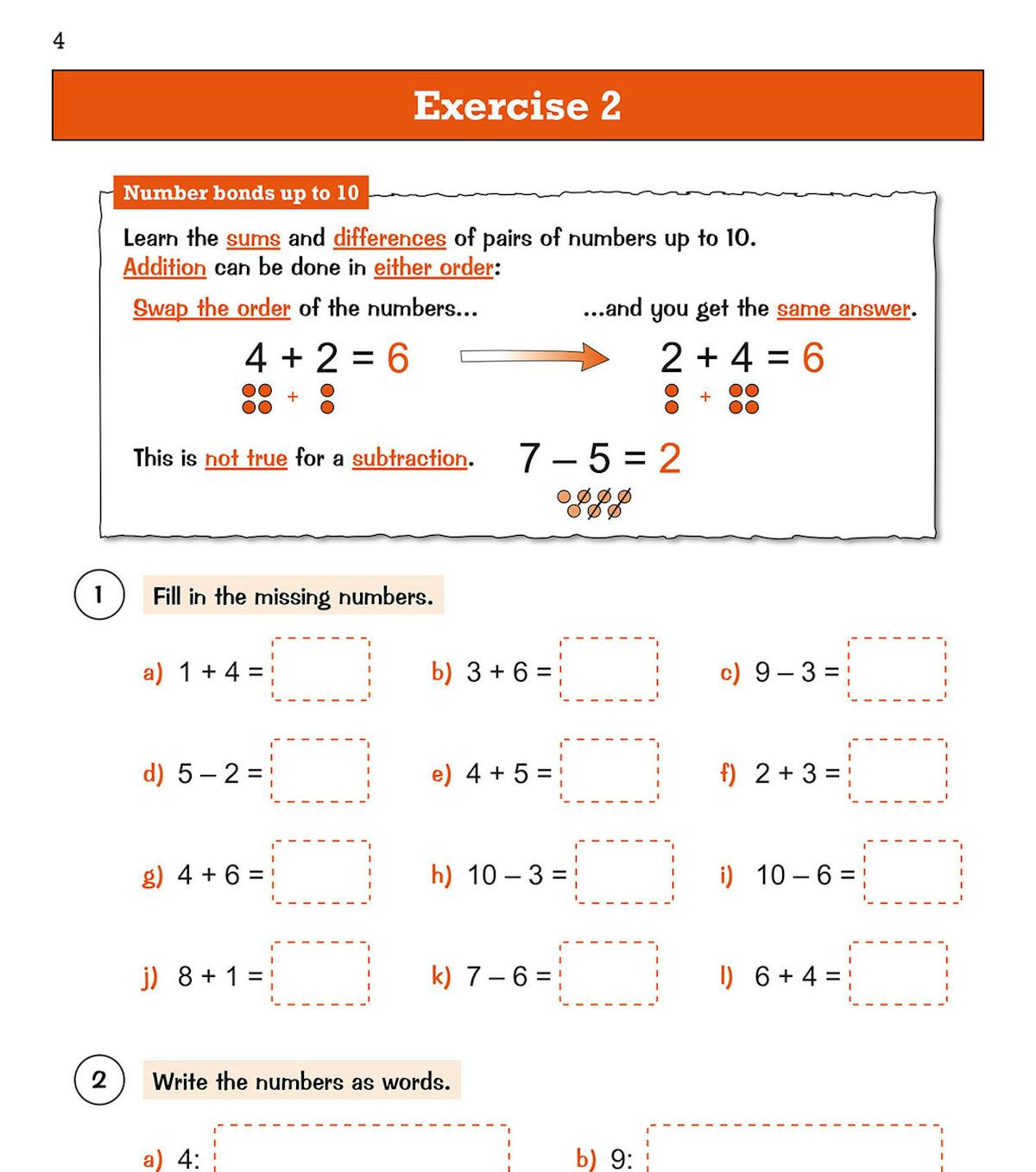 Sample exercise page showing number bonds and addition practice