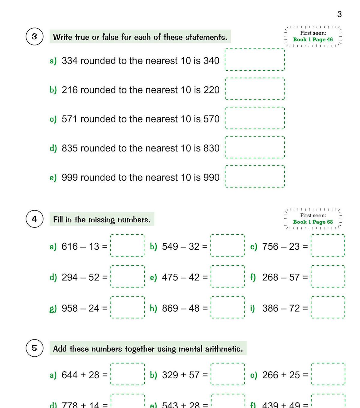 Sample exercise pages showing mental arithmetic and rounding questions