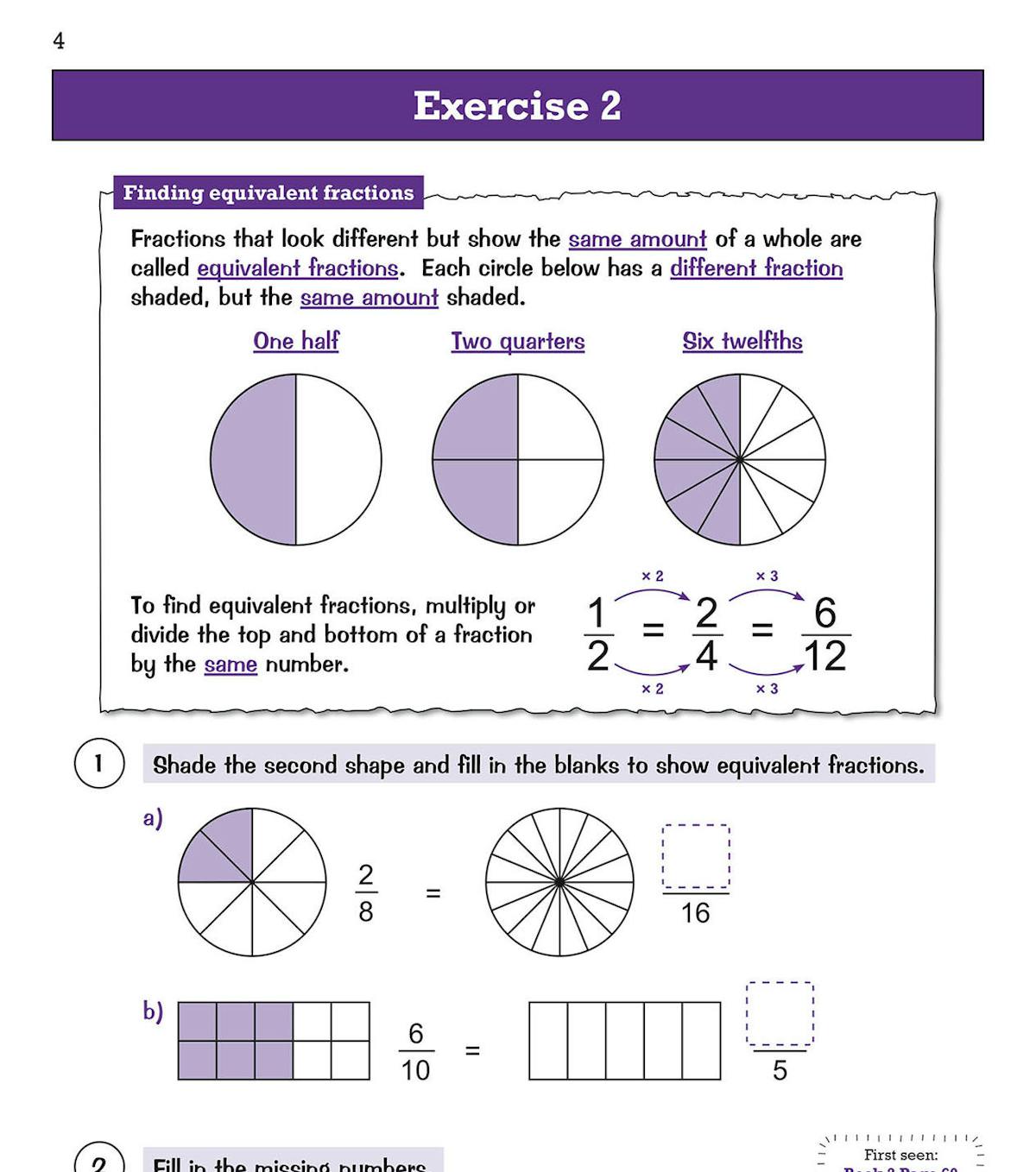 Sample exercise showing equivalent fractions with visual diagrams and practice questions