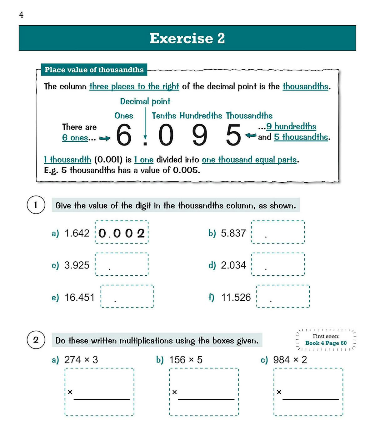 Additional workbook page featuring decimal place value and written multiplication practice
