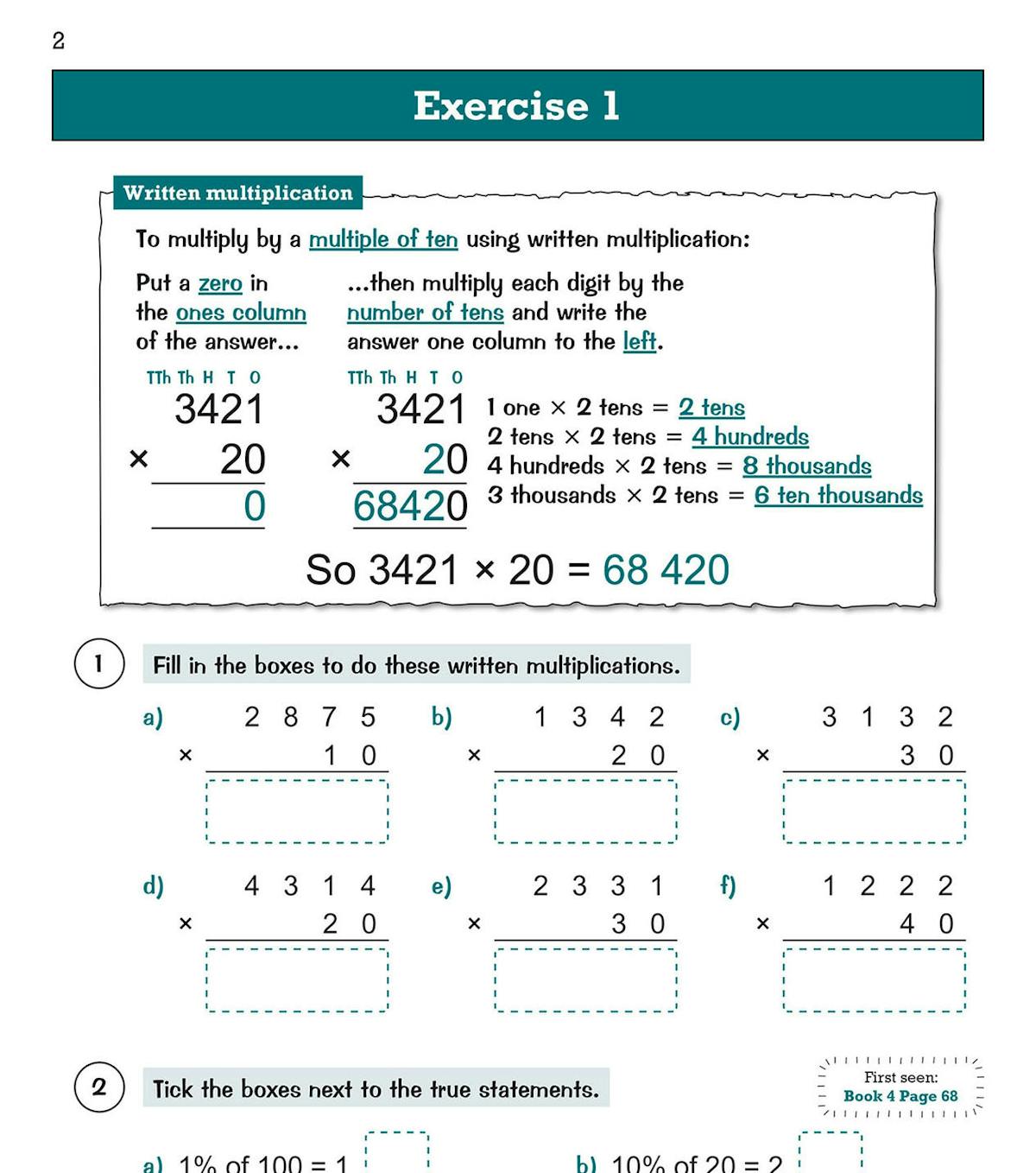 Sample page showing written multiplication exercises and place value questions