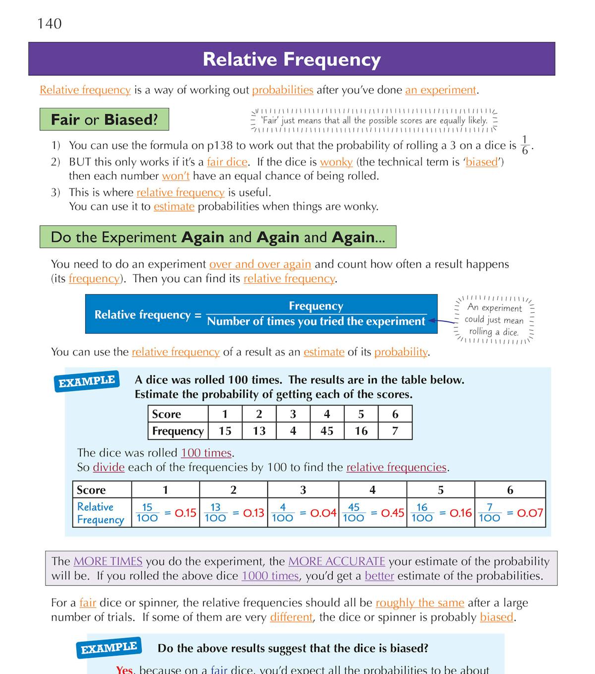 Relative frequency chapter with worked examples on fair and biased experiments