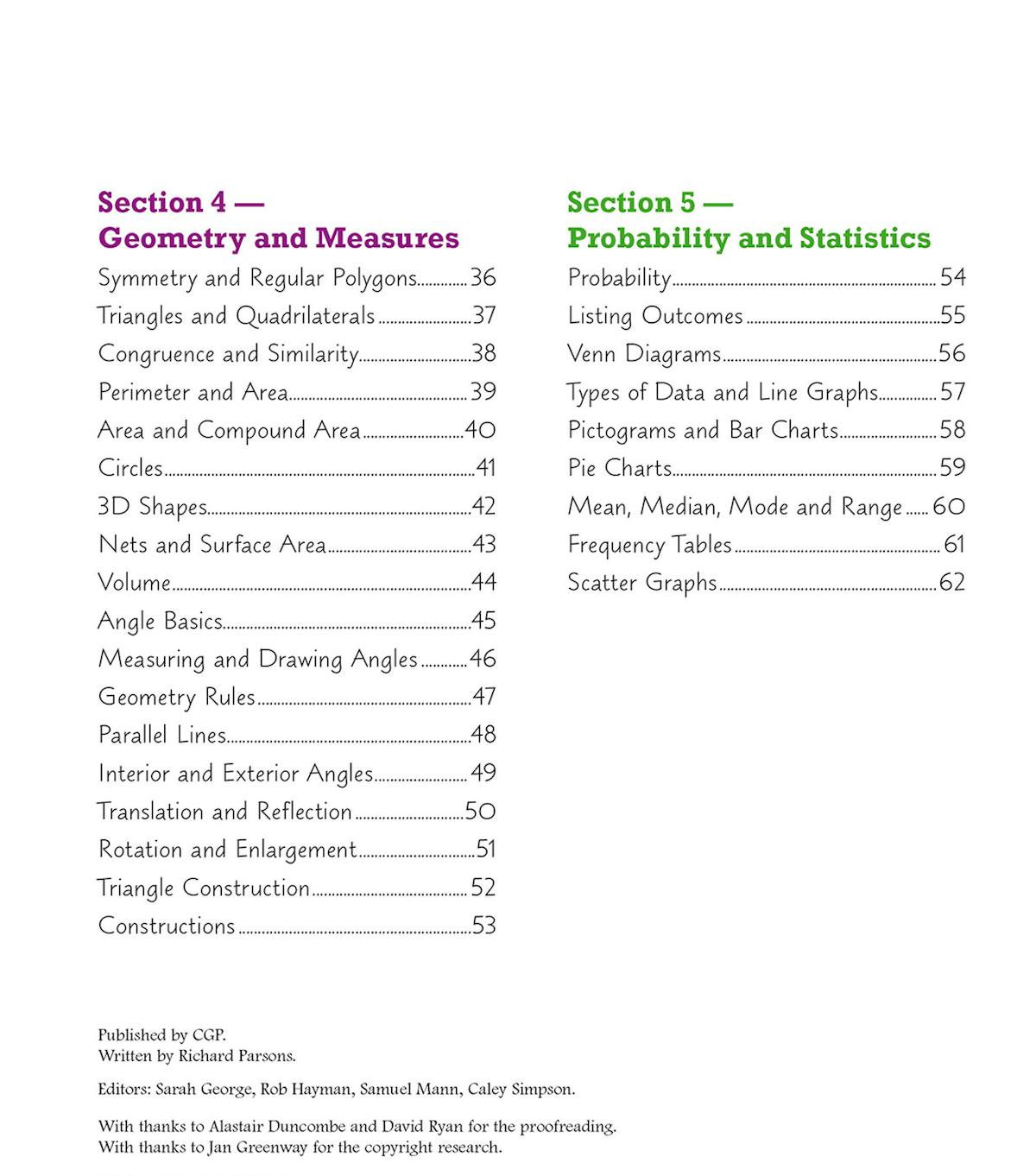Contents page listing topics in Geometry and Measures and Probability and Statistics sections