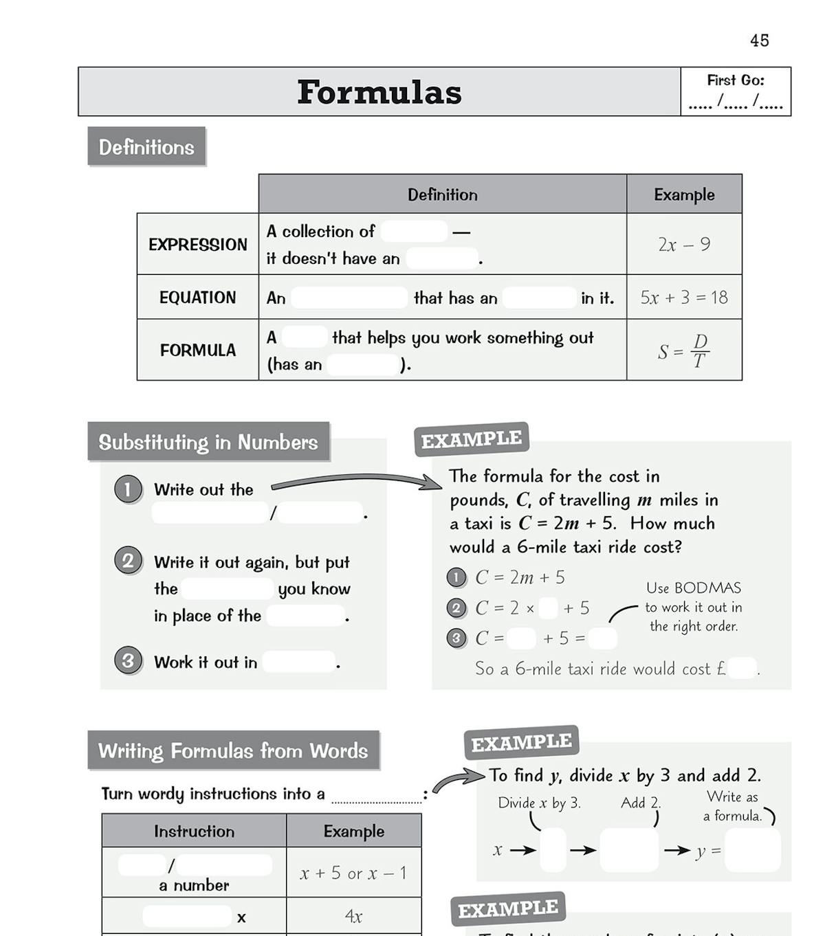 Formulas practice pages from the KS3 Maths Knowledge Retriever Foundation workbook