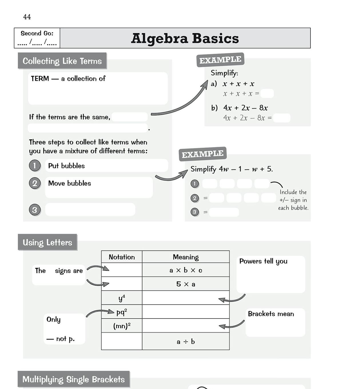 Sample pages showing algebra basics activities in the KS3 Maths Knowledge Retriever Foundation workbook