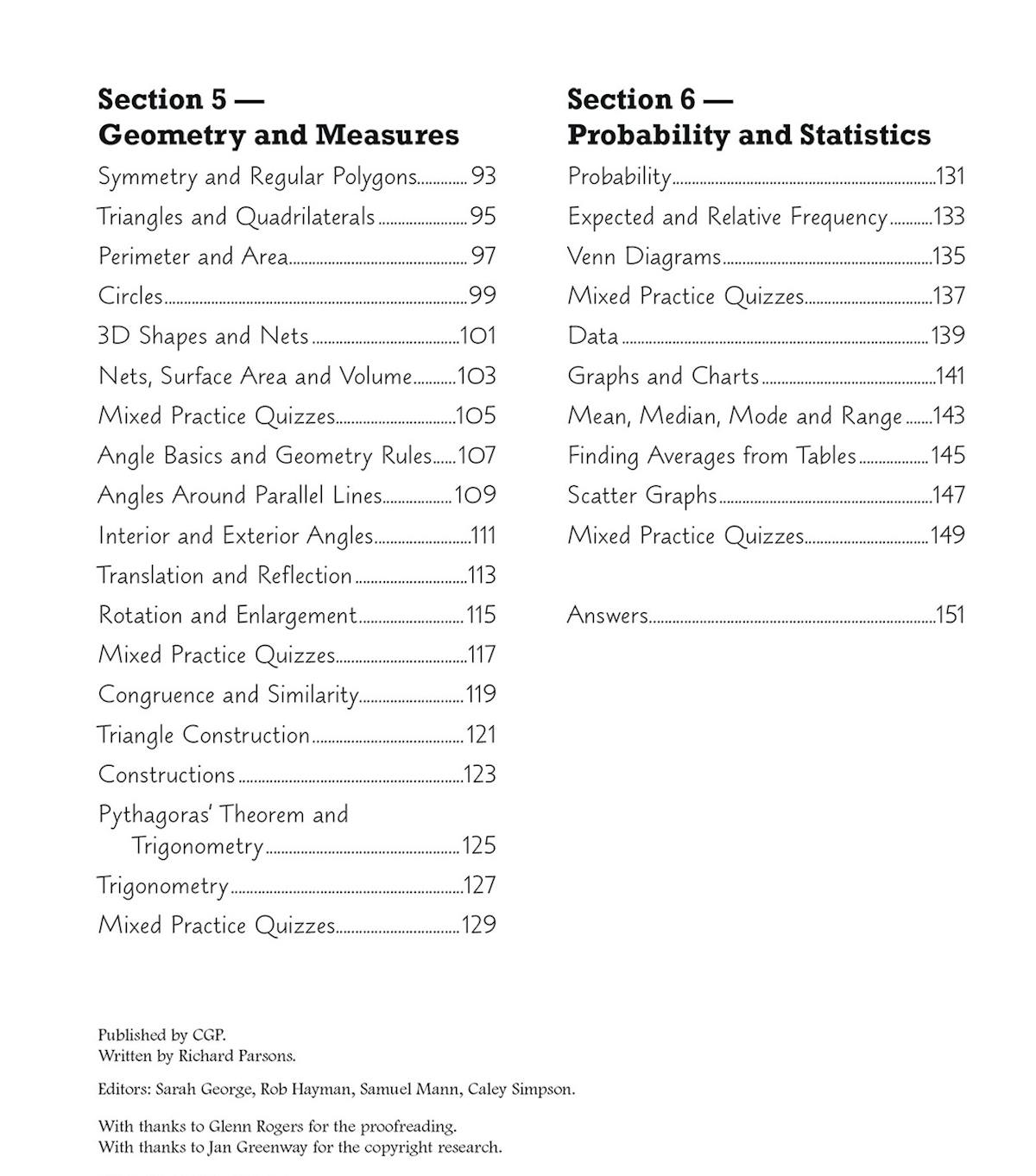 Contents page listing geometry, probability and statistics topics with page numbers