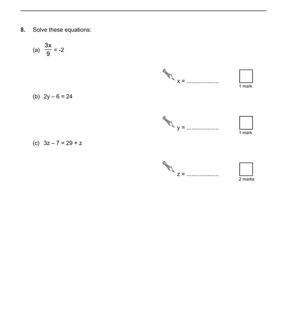Sample question page showing algebra equations with answer boxes and mark allocations