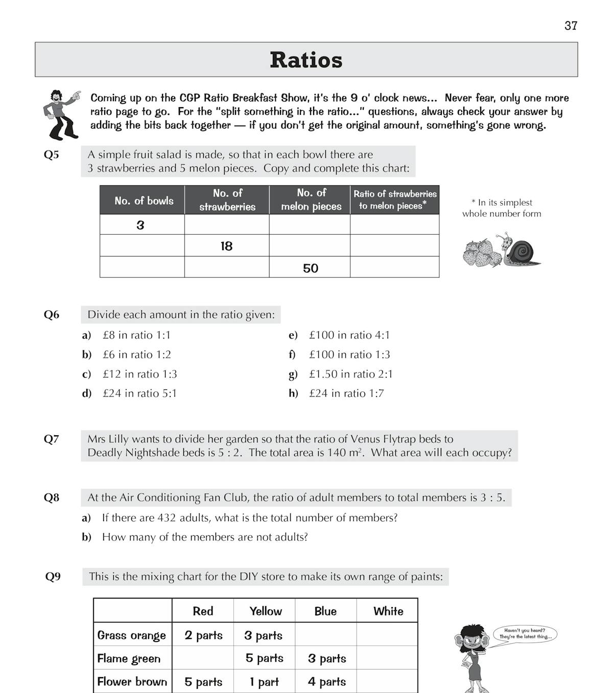 Practice page on ratios with worked examples and varied question types