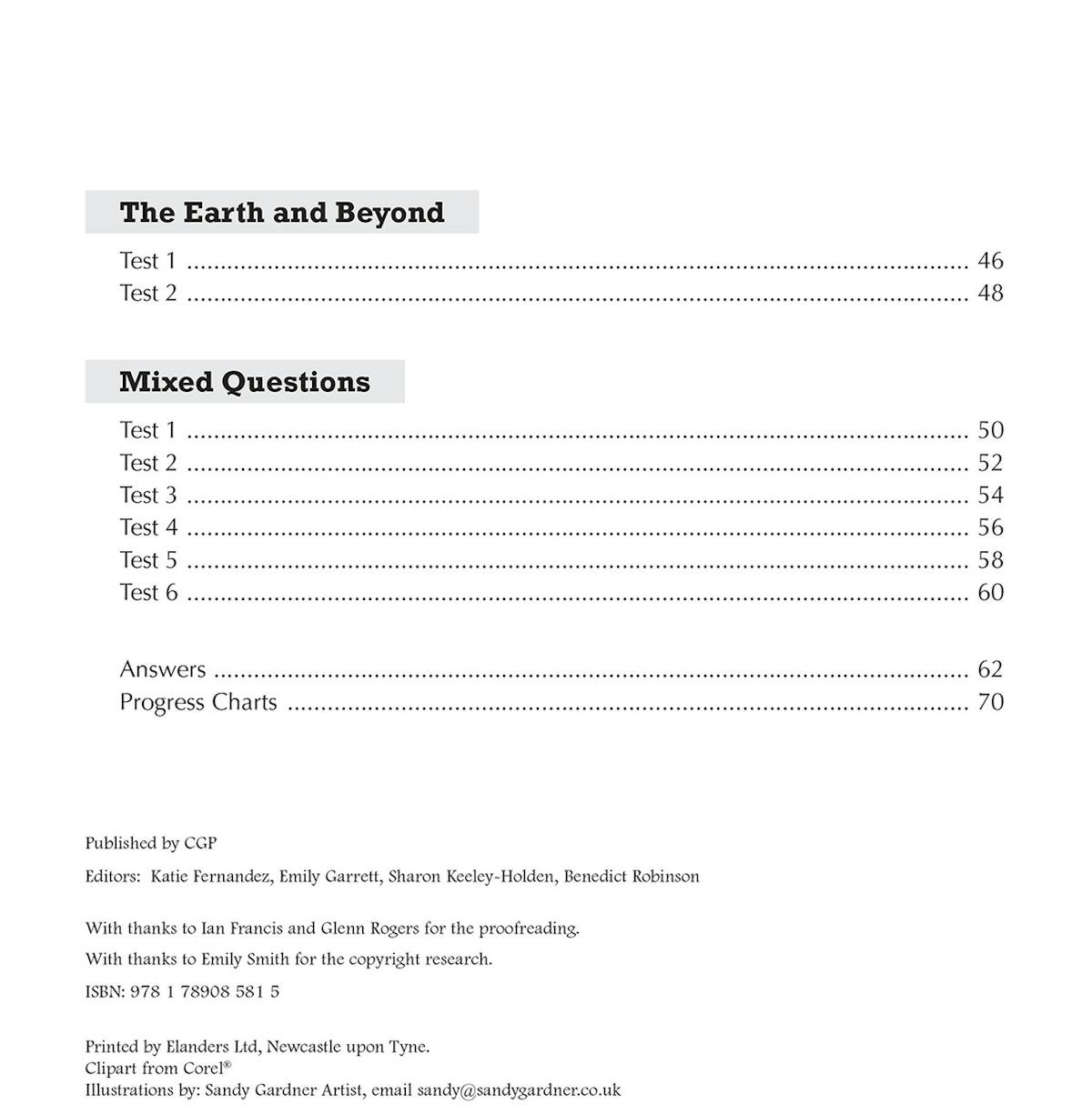 Contents page listing test topics including The Earth and Beyond, Mixed Questions, and full answers section