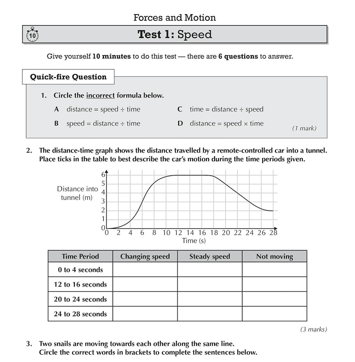 Sample test page showing Forces and Motion questions with diagrams and mark allocations