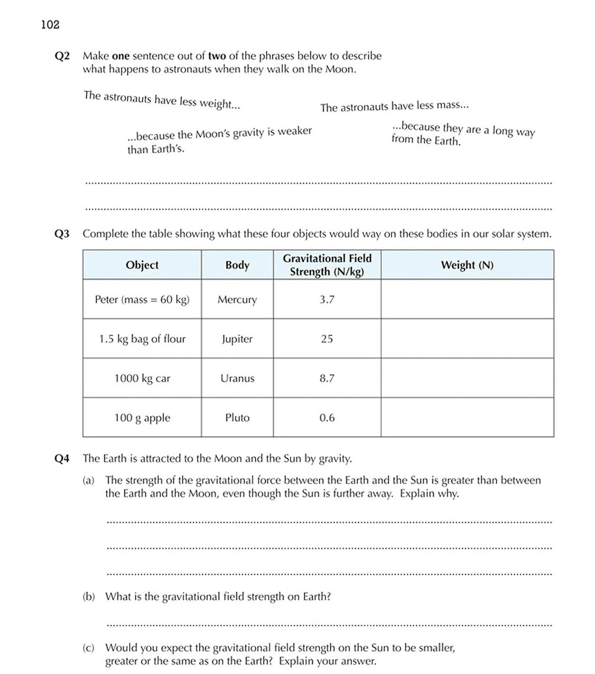 Practice questions on gravity and gravitational field strength with space for answers