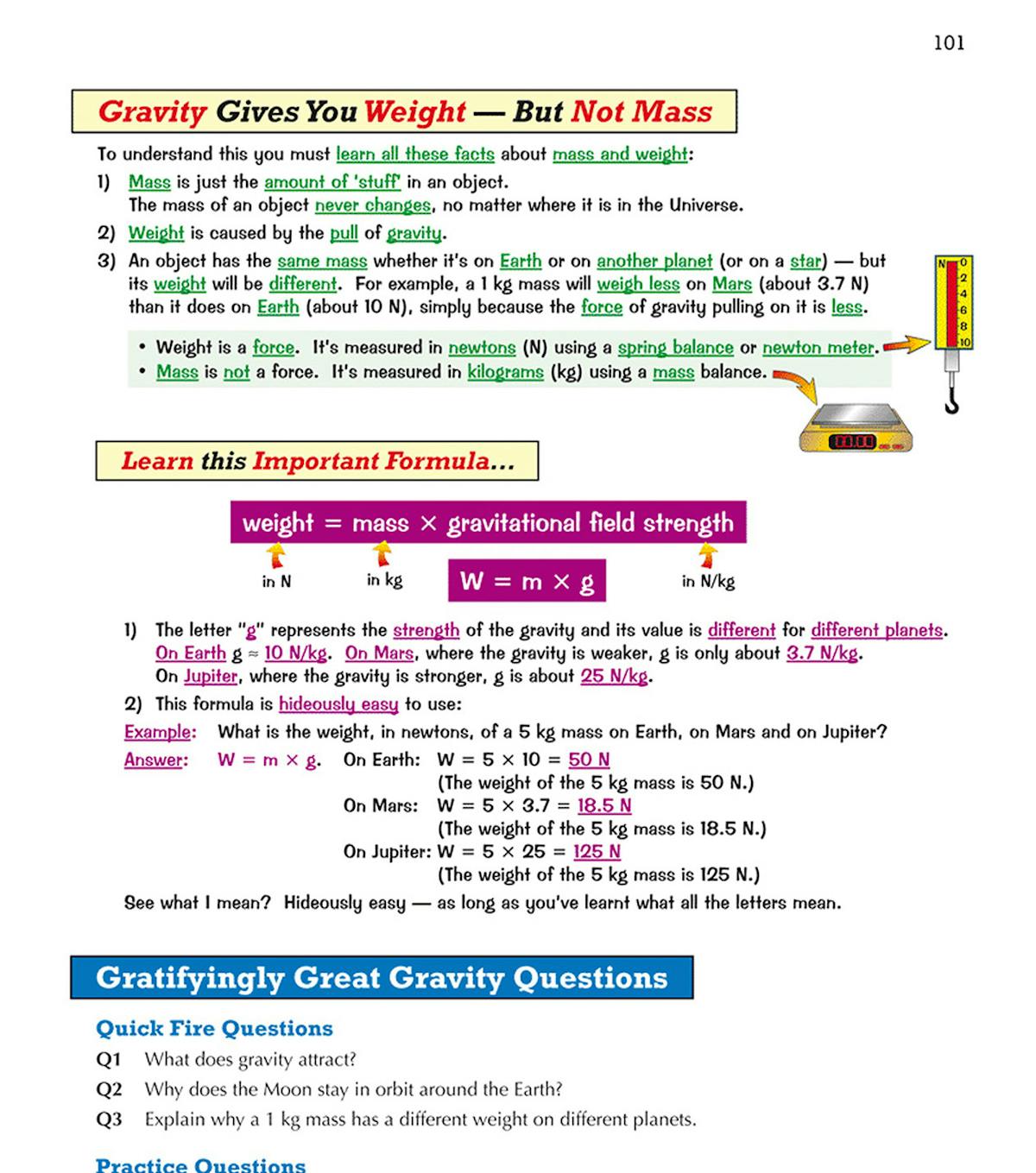 Inside pages showing gravity study notes and practice questions