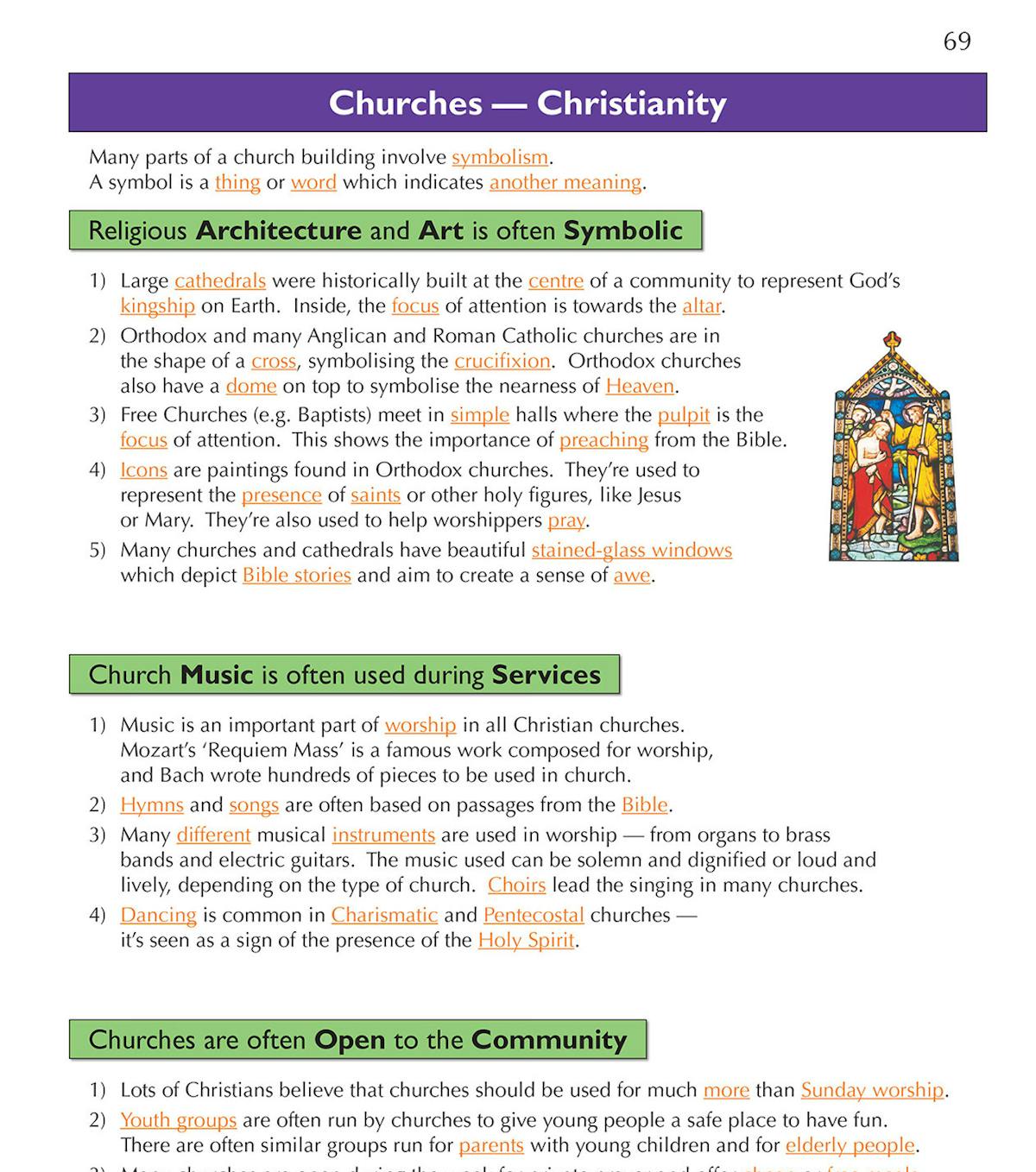 Sample page on Christian churches showing colour-coded headings, bullet points and an icon of stained glass