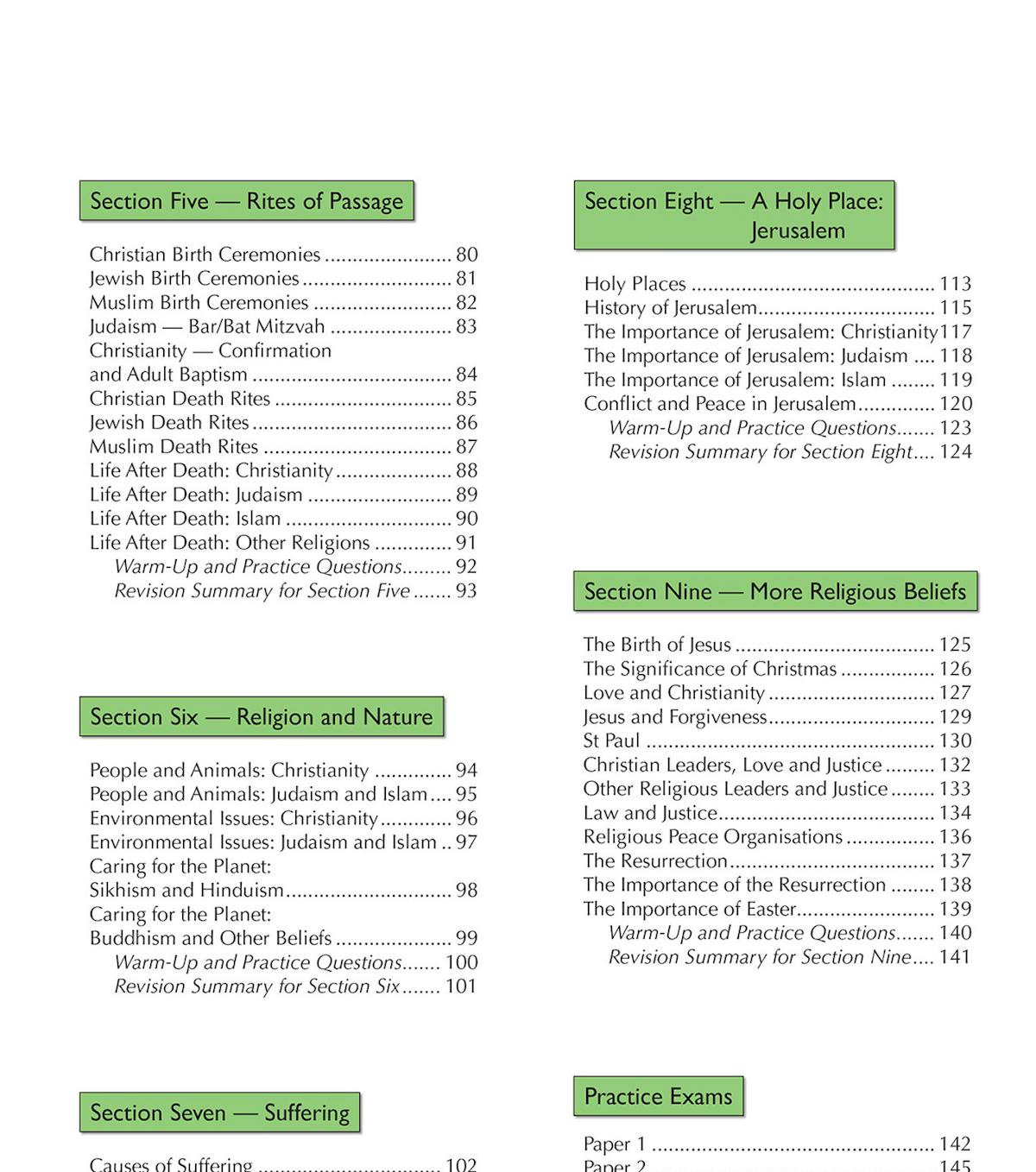 Contents page showing nine numbered sections covering world religions, worship, ethics and practice exams