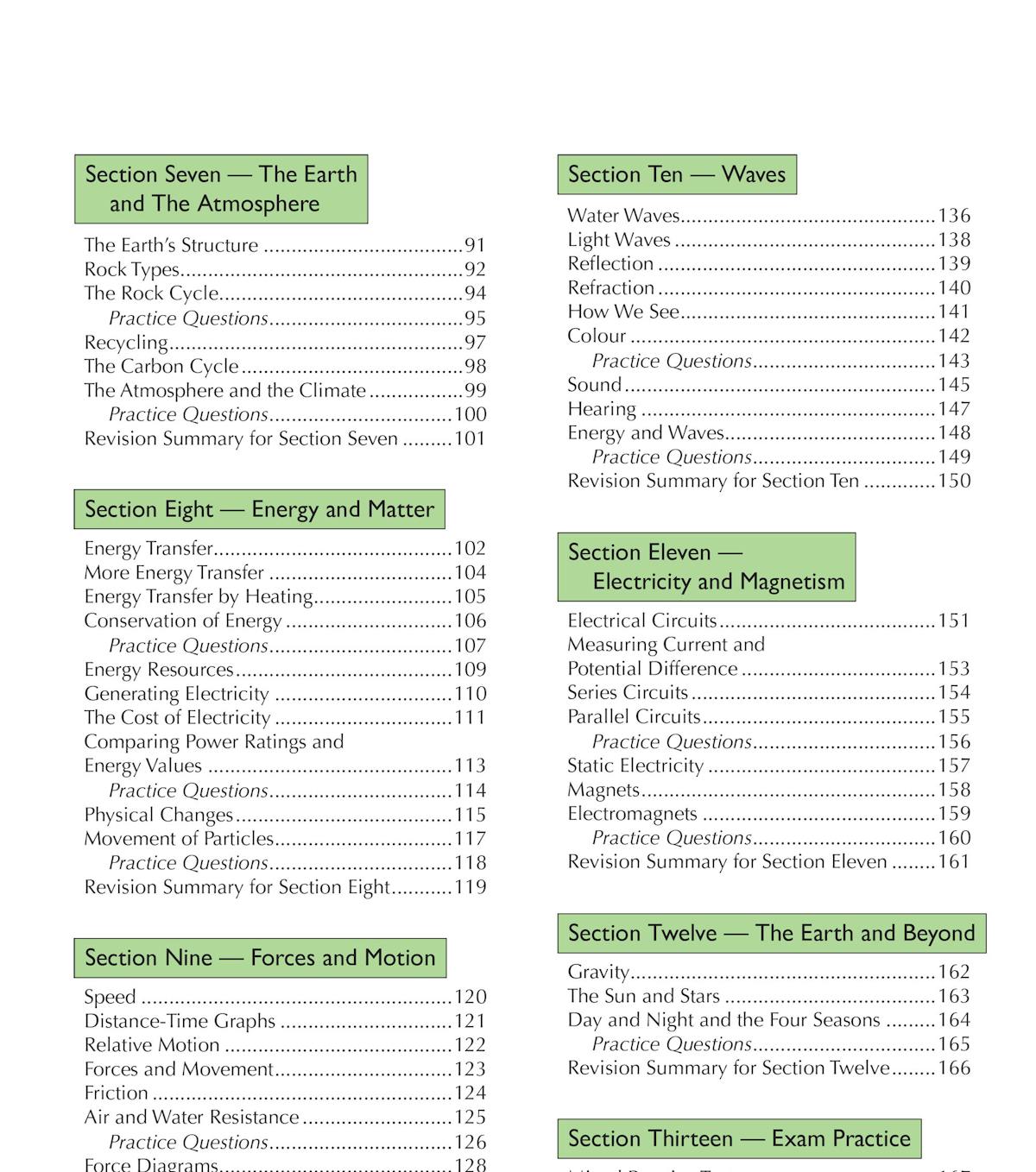 Contents page showing KS3 Science topics organised into clear sections