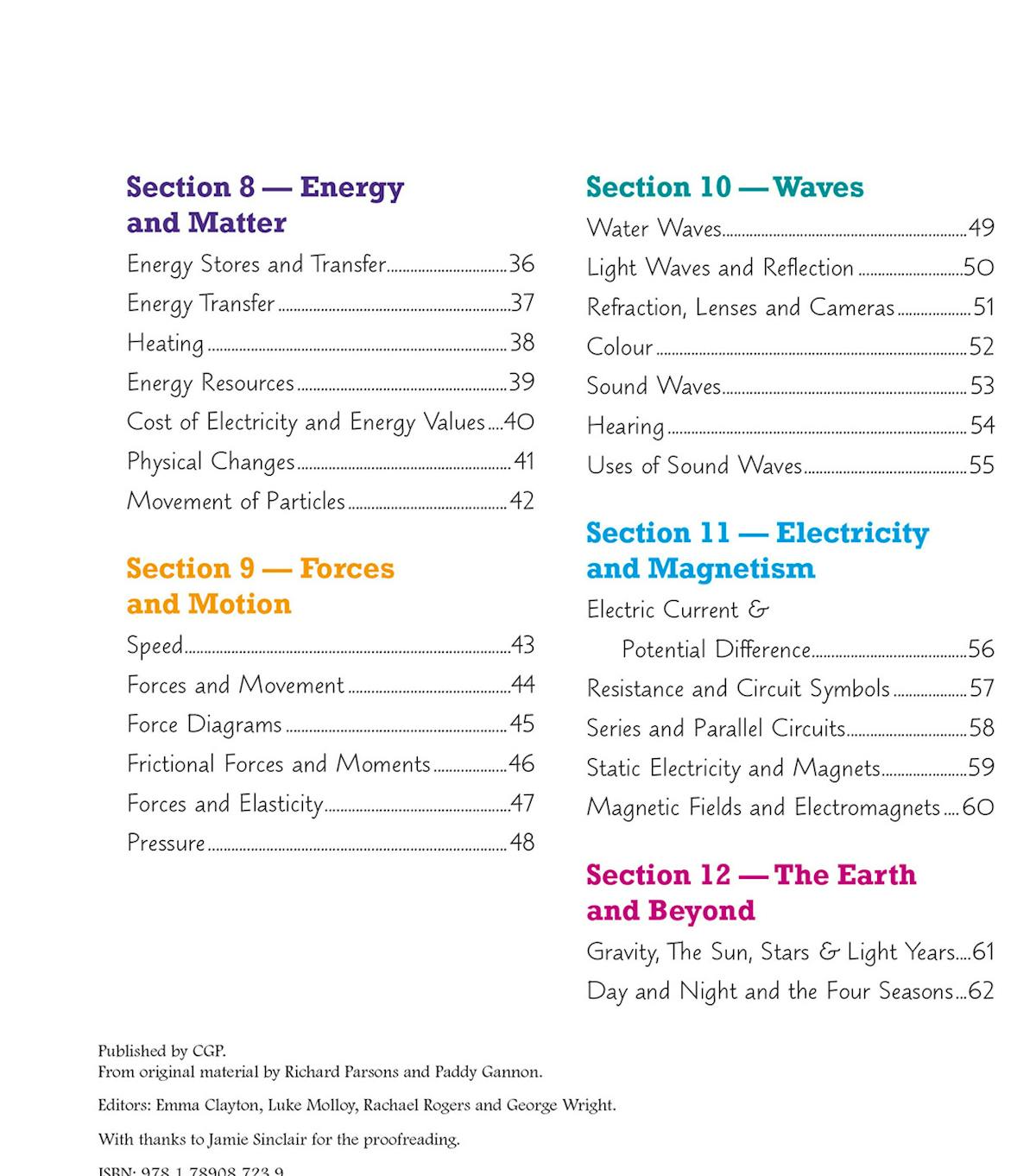 Contents page listing KS3 Science sections: energy and matter, forces and motion, waves, electricity and magnetism, the Earth and beyond
